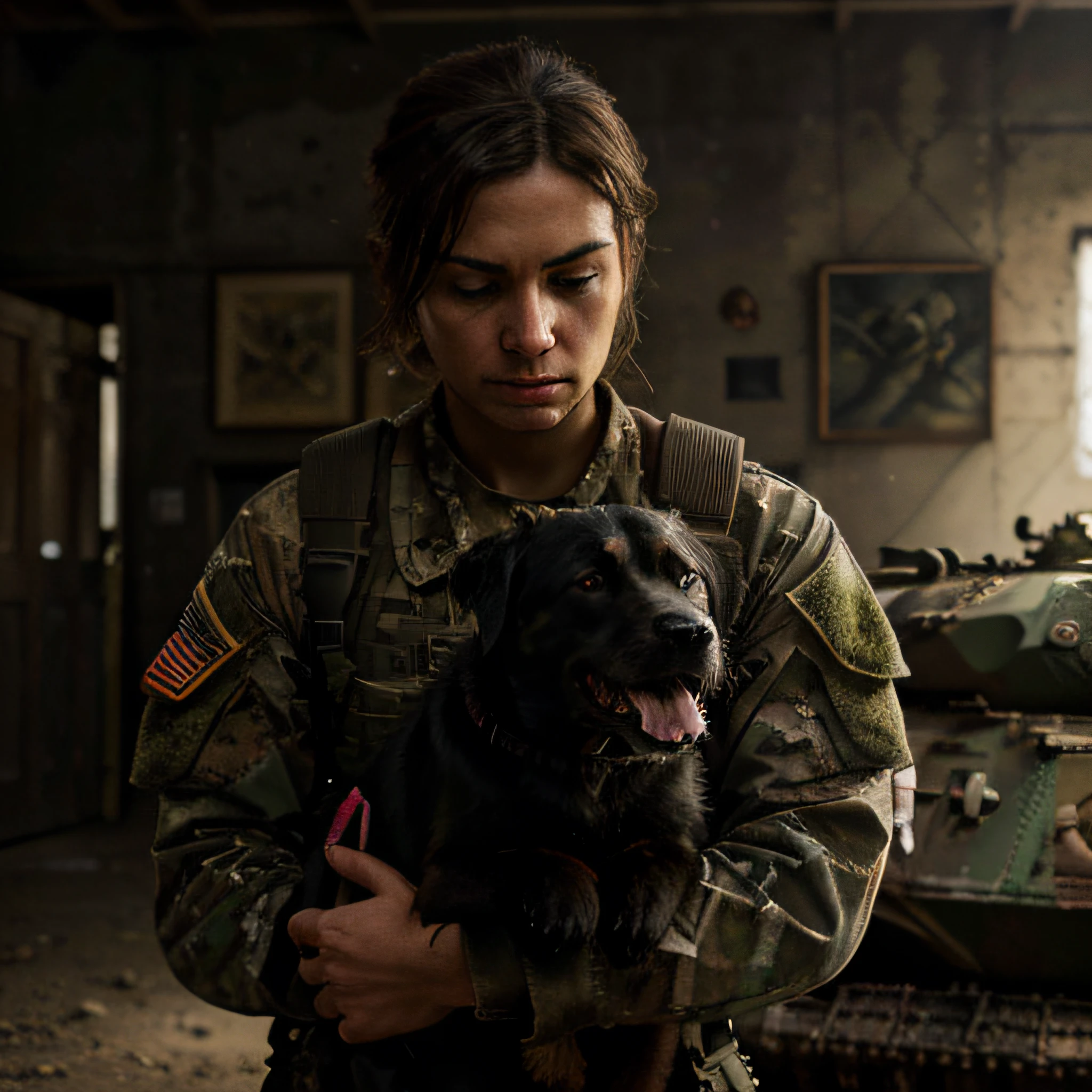 dark, realistic soldier on top of a tank, holding a dog in his arms, (best quality, realistic:1.37, ultra-detailed), military composition, intense atmosphere, strong emotions, powerful expressions, soldier's uniform, rugged tank surface, meticulous rendering of tank details, dramatic lighting, impeccable shading and textures, vivid colors, poignant storytelling, war-inspired art, dynamic composition, contrasting elements, thought-provoking narrative, strong sense of realism, fine brushstrokes, chiaroscuro effect, gritty and raw emotions, heartfelt connection between the soldier and the dog, evoking empathy and compassion, capturing the bravery and vulnerability of the soldier, profound contemplation on the human-animal bond, impactful and emotionally charged, expertly crafted artwork.