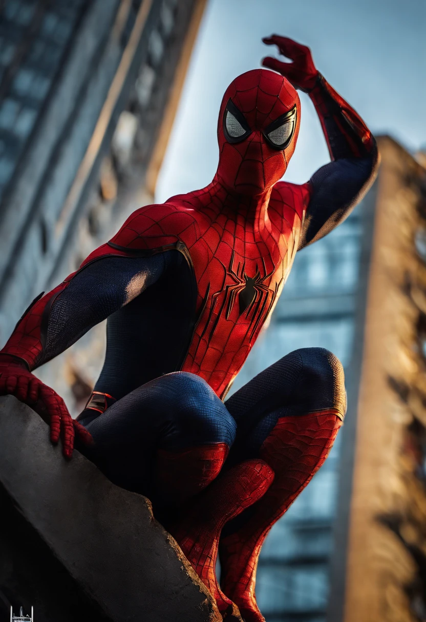 Spiderman holding onto the side of a building in NYC, reflection of venom in the window behind him, golden hour, cinematic light, dramatic,