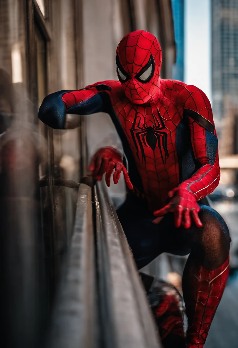 Spiderman holding onto the side of a building in NYC, reflection of venom in the window behind him, golden hour, cinematic light, dramatic,