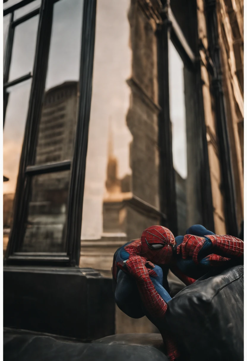 Spiderman holding onto the side of a building in NYC, reflection of venom in the window behind him, golden hour, cinematic light, dramatic,