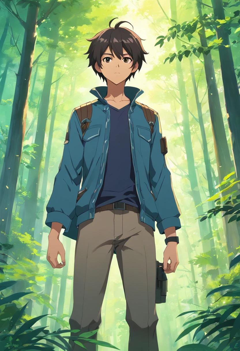 (Personagem Guerreiro, homem, bonito, cabelo longo, cabelo preto, vestindo armadura, fundo floresta)