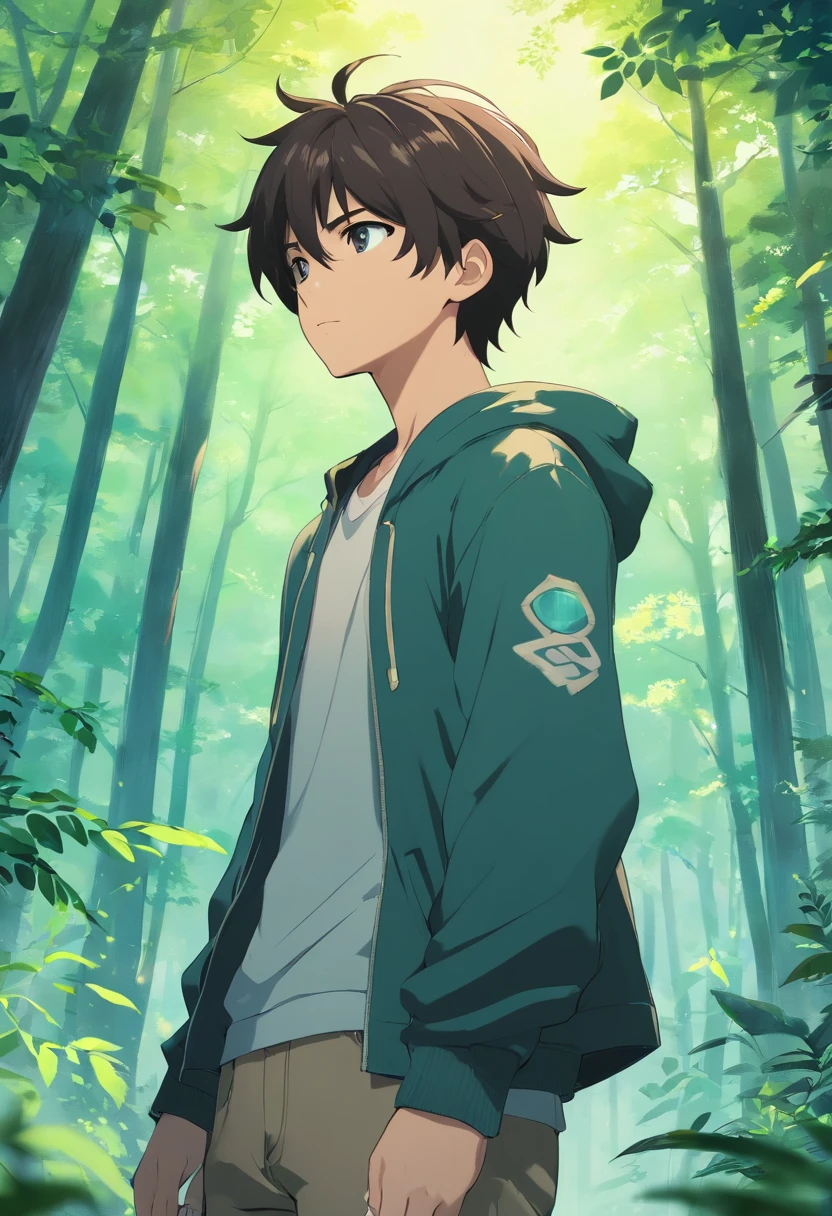 (Personagem Guerreiro, homem, bonito, cabelo longo, cabelo preto, vestindo armadura, fundo floresta)