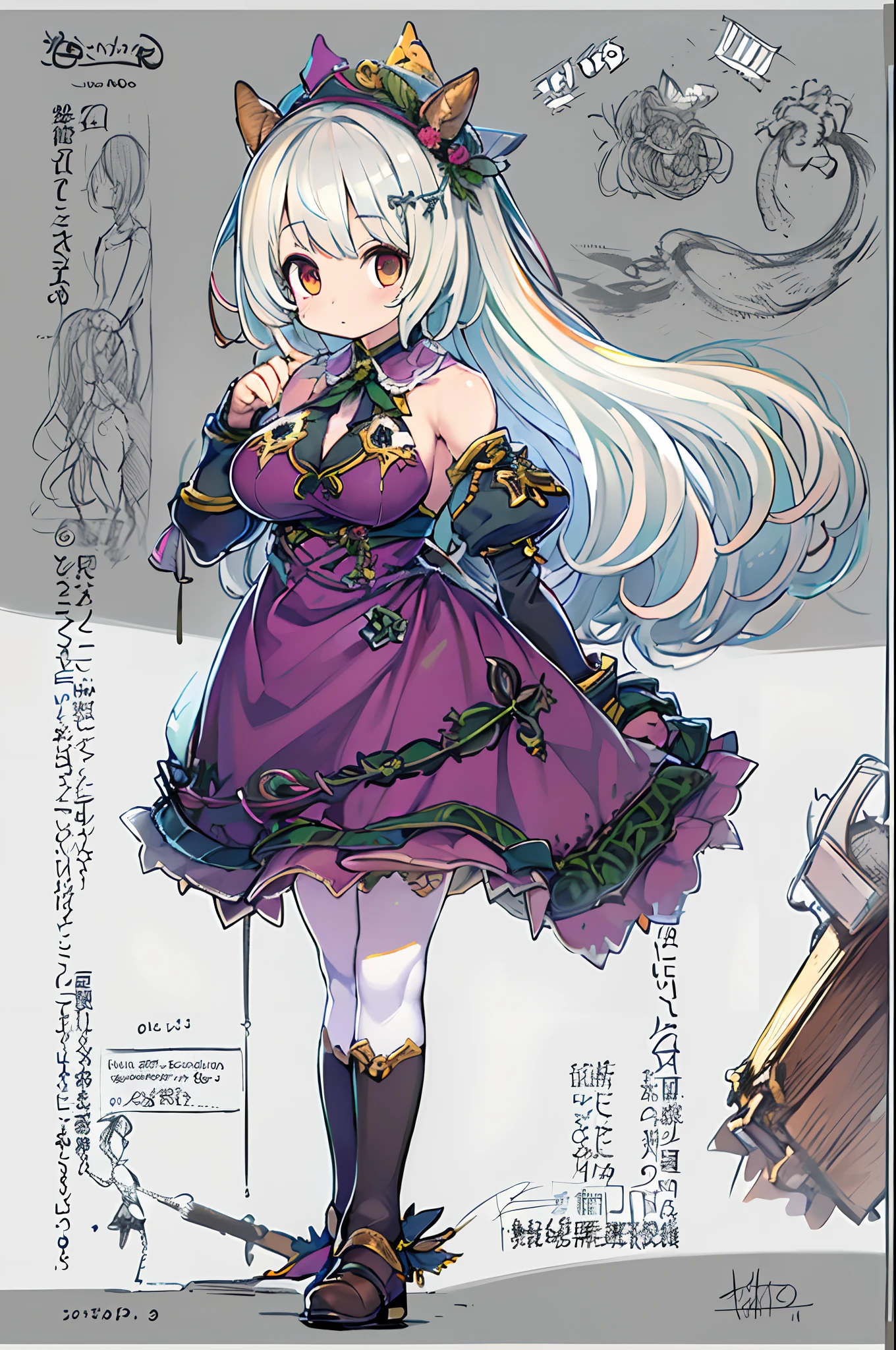 ((masutepiece)), (Highest Quality))), (CharacterDesignSheet, National Costume, Same character, front, Side, Back), Illustration, 1 girl, Full body, Silver hair, Eye hair, Beautiful eyes, Princess Cut, environment change scene, Short skirt, Shyness, Woman, girl, Standing, Gothic ta, v tuber, Charter Betarola, (Simple background, White background: 1.3) ( masutepiece:1.2), (Best Quality:1.3)