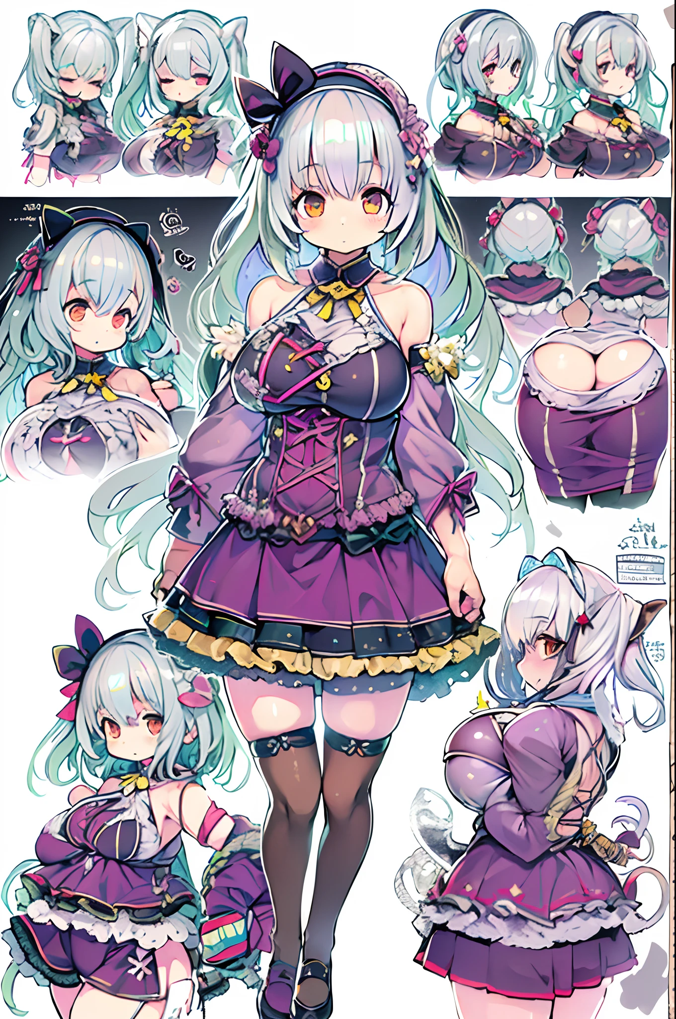 ((masutepiece)), (Highest Quality))), (CharacterDesignSheet, National Costume, Same character, front, Side, Back), Illustration, 1 girl, Full body, Silver hair, Eye hair, Beautiful eyes, Princess Cut, environment change scene, Short skirt, Shyness, Woman, girl, Standing, Gothic lolita, v tuber, Charter Betarola, (Simple background, White background: 1.3) ( masutepiece:1.2), (Best Quality:1.3)