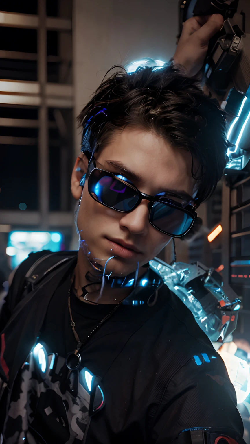 Change background cyberpunk hansome boy, realistic face, 8k, ultra realistic,