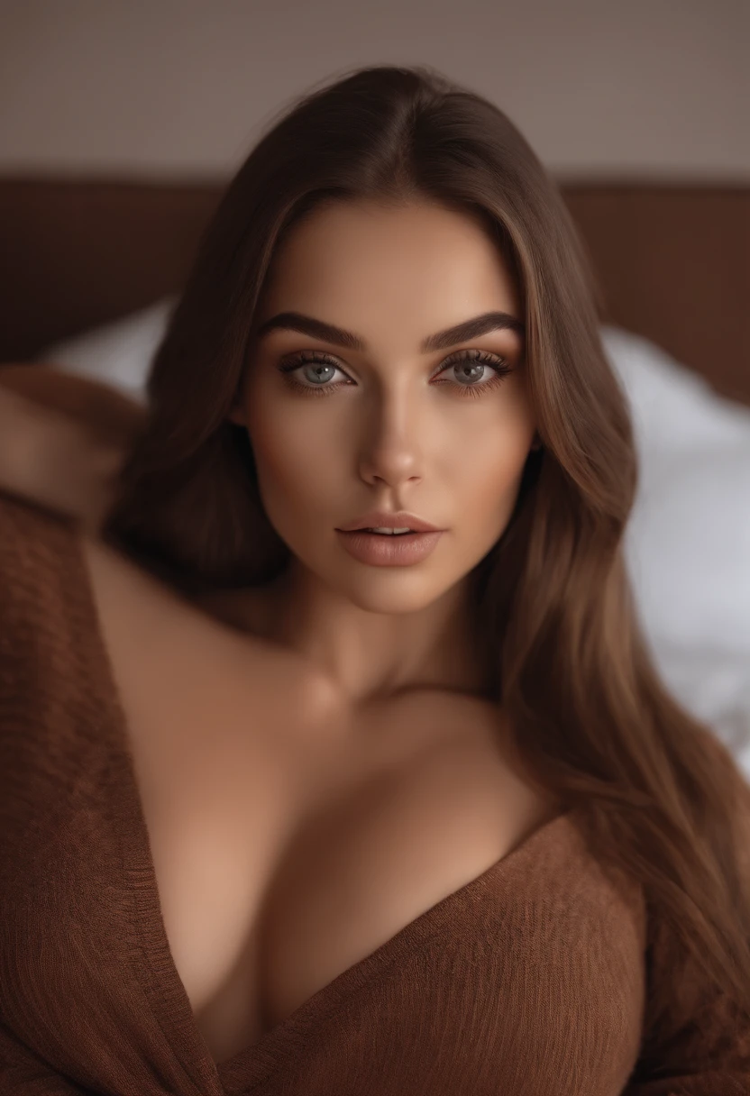 arafed woman fully , sexy girl with brown eyes, ultra realistic, meticulously detailed, portrait sophie mudd, brown hair and large eyes, selfie of a young woman, in sofa, violet myers, without makeup, natural makeup, looking directly at the camera with her face straight to the camera, face with artgram, subtle makeup, stunning full body shot kneeling on bed, in bedroom, huge size bust, mouth fully closed, seductive eyes,