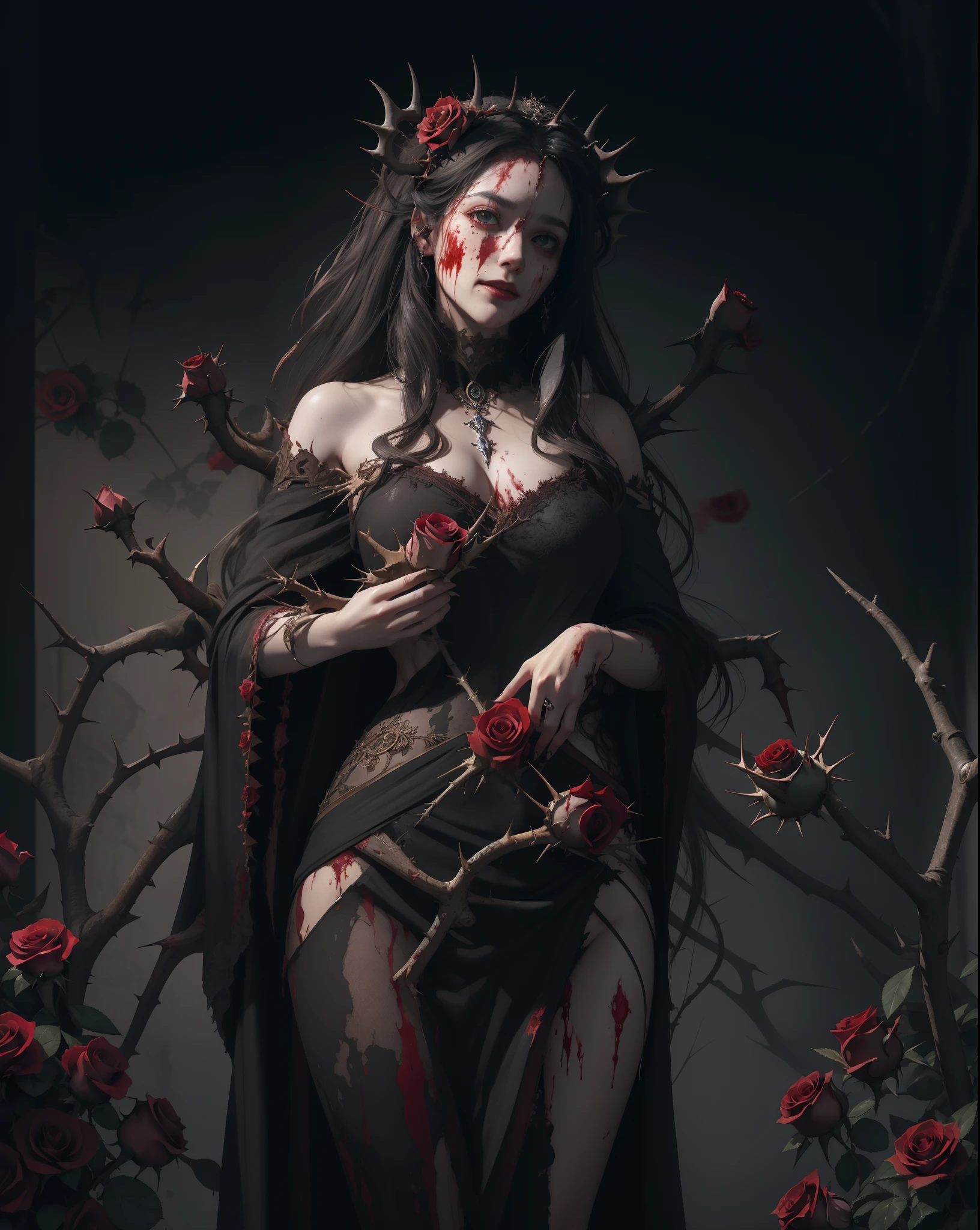 masterpiece, best quality, high quality, extremely detailed CG unity 8k wallpaper, portrait of a pagan goddess, antichrist, doomsday, holy, award winning photography, Photorealistic,extremely detailed, trending on artstation, trending on CGsociety, Intricate, High Detail, dramatic, art by midjourney, blood on face, evil smile, horror art, dread, (blood:1.2), (roses and thorn background:1.3)