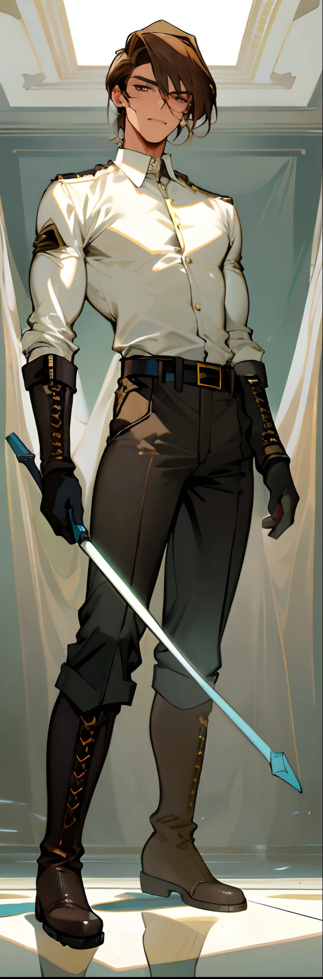 (highest resolution, distinct_image) best quality, a man, solo, masterpiece, highly detailed, semi realistic, brown hair, bangs, (23 years old:1.4), mature, tall strong,paladin,(luxury hotel room background:1.2), cold, serious, tall, handsome, powerful, demi-god, exquisite facial features, (full body)(combat_boots:1.4)(dark pants:1.3),( gloves:1.5)(long sleeves),solo,(looking at viewer),(from below:1.1)(head turned upwards:0.3)(smiling:0.4)(holding riding crop:1.2)(muscular:1.2),(black belt), (shirt tucked in pants),(standing on ground), (marble floor)(mean:0.4)(seductive:0.5)(evil:0.9),detailed,(abs:0.9)(bdsm Equipment),(Link:1.3),Warrior,knight,(white button-up shirt)(masculine face)