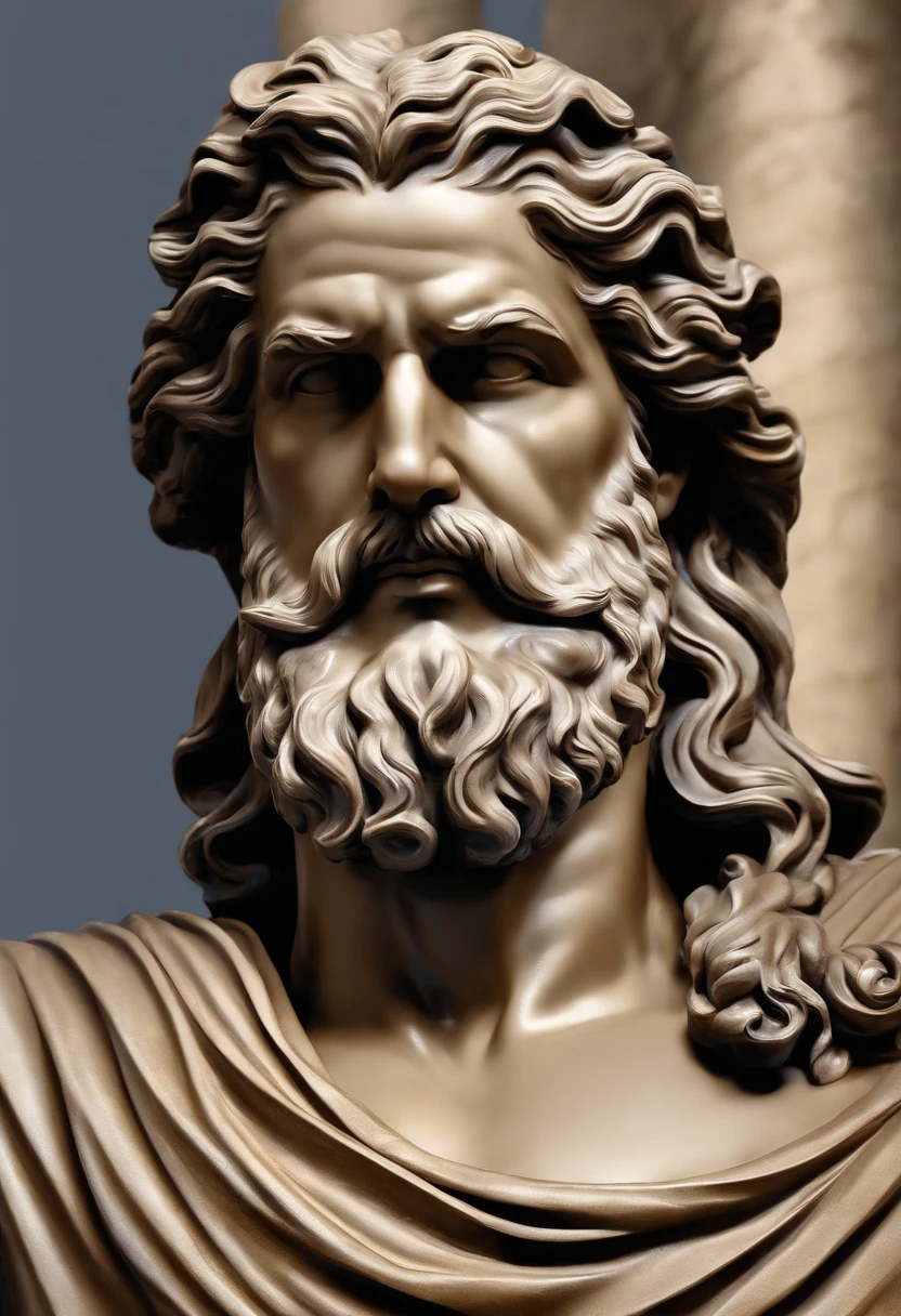 Crie uma imagem 8K inspiradora representando um Zeus grego ,Forte, olhando para o lado, immortalized as a bust statue, Single bust statue, com detalhes minuciosos, com fundo azul, Ancient Greek statue covering its mouth in silence