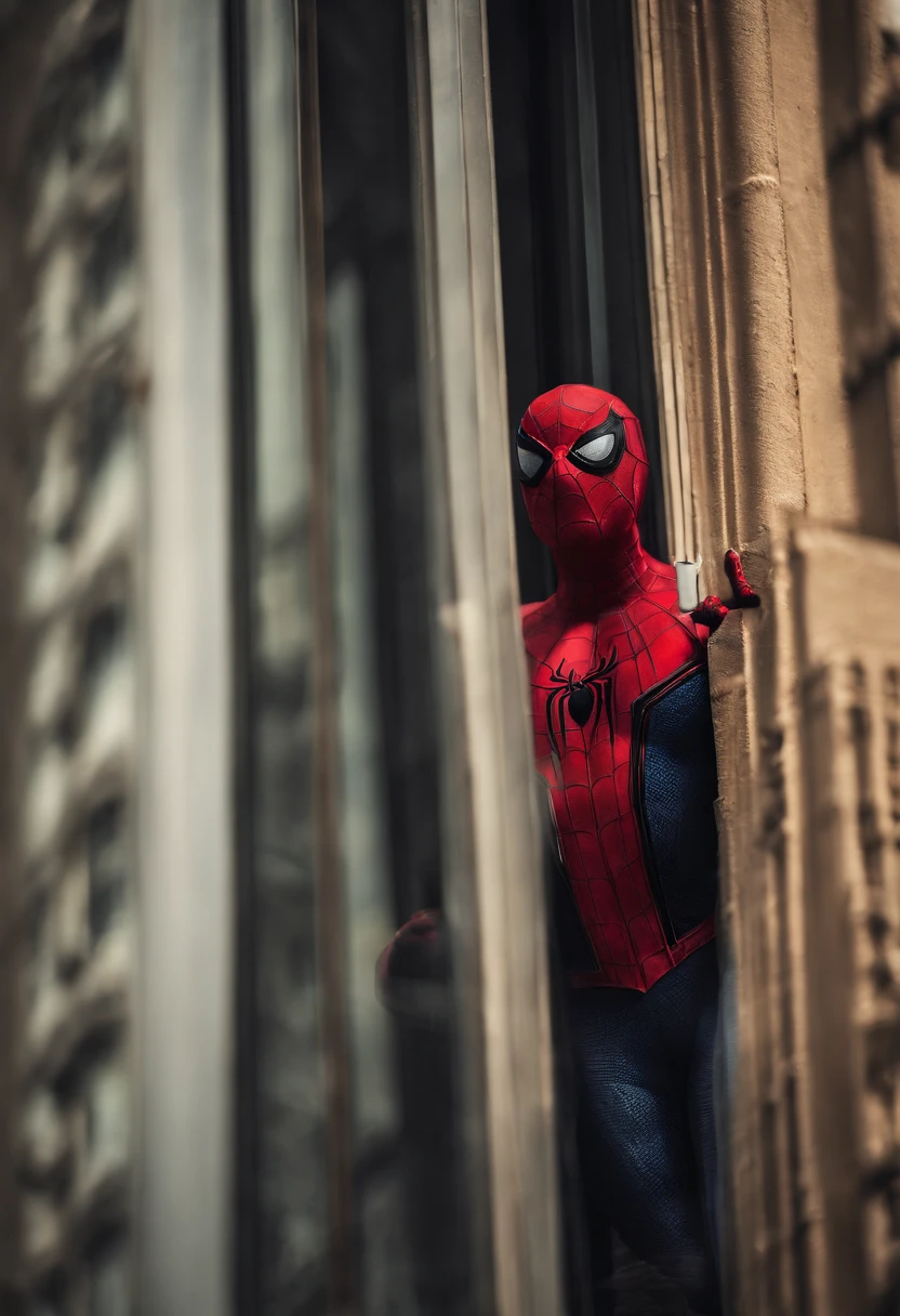 Spiderman holding onto the side of a building in NYC, reflection of venom in the window behind him, golden hour, cinematic light, dramatic, crystal clear image