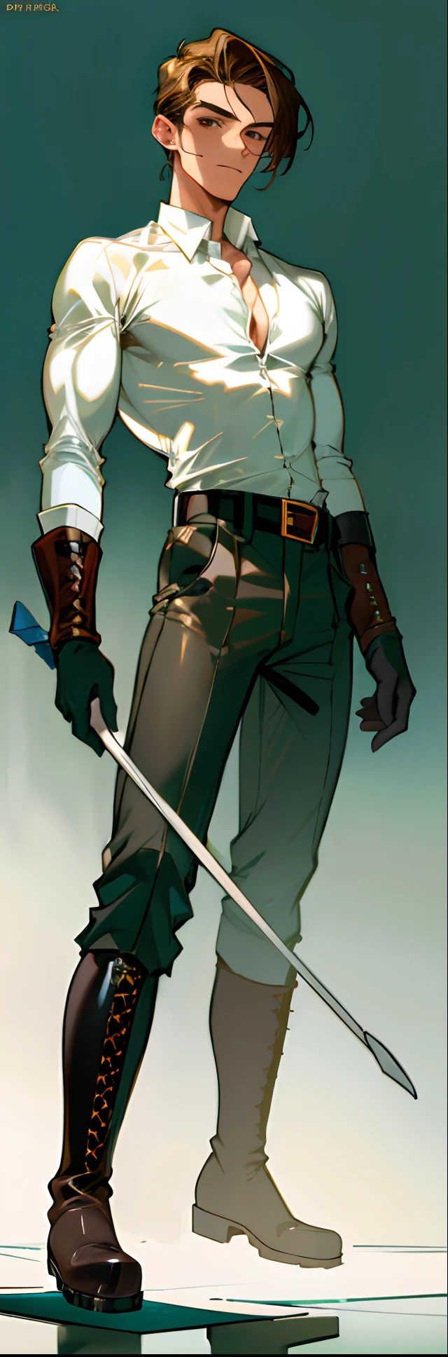 (highest resolution, distinct_image) best quality, a man, solo, masterpiece, highly detailed, semi realistic, brown hair, bangs, (23 years old:1.4), mature, tall strong,paladin,(luxury hotel room background:1.2), cold, serious, tall, handsome, powerful, demi-god, exquisite facial features, (full body)(combat_boots:1.4)(dark pants:1.3),( gloves:1.5)(long sleeves),solo,(looking at viewer),(from below:1.1)(head turned upwards:0.3)(smiling:0.4)(holding riding crop:1.2)(muscular:1.2),(black belt), (shirt tucked in pants),(standing on ground), (marble floor)(mean:0.4)(seductive:0.5)(evil:0.9),detailed,(abs:0.9)(bdsm Equipment),(Link:1.3),Warrior,knight,(white button-up shirt)(masculine face)