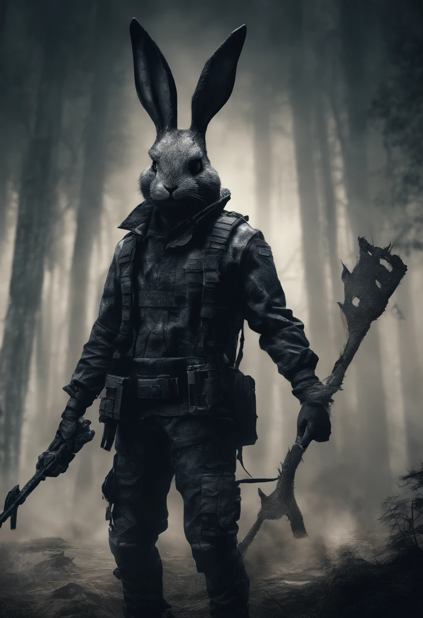(An adventurous cartoon bunny bends over,Take a closer look at the terrain in the pitch black forest), (bend over posture), (A serious expression appeared on his face), (Reconnaissance fighter armament) Background: Magical jungle at night, D rendering {{Masterpiece}}, {Best quality}}, {Super detail}, {{illustration}}, concept art of character, Game scene graphics, Clear facial features, close up photograph, Photography, postapocalypse, tmasterpiece, archviz/influencer, Add background, corona rendered, Octane rendering, V-rays, With a highly detailed texture, Ultra-high quality, Ultra-high resolution , Popular on artstation, surrealism, surrealism, k hd, 8K axis shift, Long projection, Night lighting