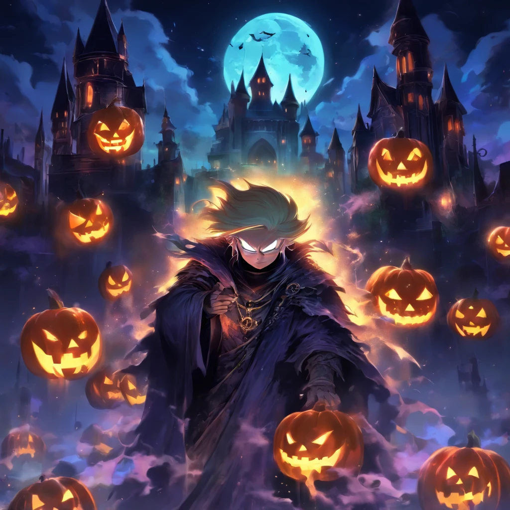 (Donald Trump with Death clothes portrait), Halloween Floating Lights, Light and reflection in cinema, Fluorescent Lights, Mid-range metaverse elements，digital painting, reflection light, deliberation, Halloween Jack-o'-Lantern, calm night, digital illustration, Beautiful atmosphere., Skylights at night, The evening atmosphere is calm., Jack-O-Lantern, Halloween, night, The Moon, Game Scene, Halloween, Surrounded by clouds, Buildings in medieval Europe, painted pottery, European Union, Beautiful colors, There are three arches in the foreground.((Color Ink)), ( (splash ink ) ), ((splash ink) Inkie})), master-piece, High Quality, Beautiful graphics, high-detail,superb