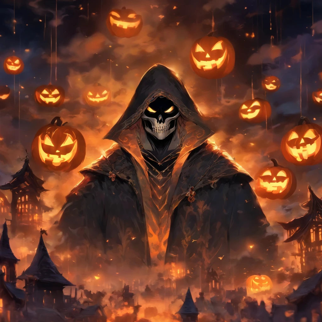 (Donald Trump with Death clothes portrait), Halloween Floating Lights, Light and reflection in cinema, Fluorescent Lights, Mid-range metaverse elements,digital painting, reflection light, deliberation, Halloween Jack-o'-Lantern, calm night, digital illustration, Beautiful atmosphere., Skylights at night, The evening atmosphere is calm., Jack-O-Lantern, Halloween, night, The Moon, Game Scene, Halloween, Surrounded by clouds, Buildings in medieval Europe, painted pottery, European Union, Beautiful colors, There are three arches in the foreground.((Color Ink)), ( (splash ink ) ), ((splash ink) Inkie})), master-piece, High Quality, Beautiful graphics, high-detail,superb