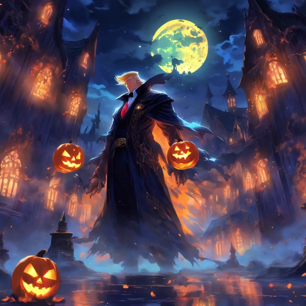 (Donald Trump with Death clothes portrait), Halloween Floating Lights, Light and reflection in cinema, Fluorescent Lights, Mid-range metaverse elements,digital painting, reflection light, deliberation, Halloween Jack-o'-Lantern, calm night, digital illustration, Beautiful atmosphere., Skylights at night, The evening atmosphere is calm., Jack-O-Lantern, Halloween, night, The Moon, Game Scene, Halloween, Surrounded by clouds, Buildings in medieval Europe, painted pottery, European Union, Beautiful colors, There are three arches in the foreground.((Color Ink)), ( (splash ink ) ), ((splash ink) Inkie})), master-piece, High Quality, Beautiful graphics, high-detail,superb