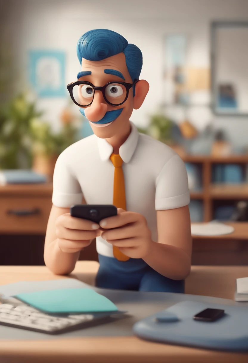 Crie uma imagem estilo pixar de um homem de 35 anos, branco, bonito, de olhos azuis, Small round nose and smile with closed lips holding a smartphone on an office desk
