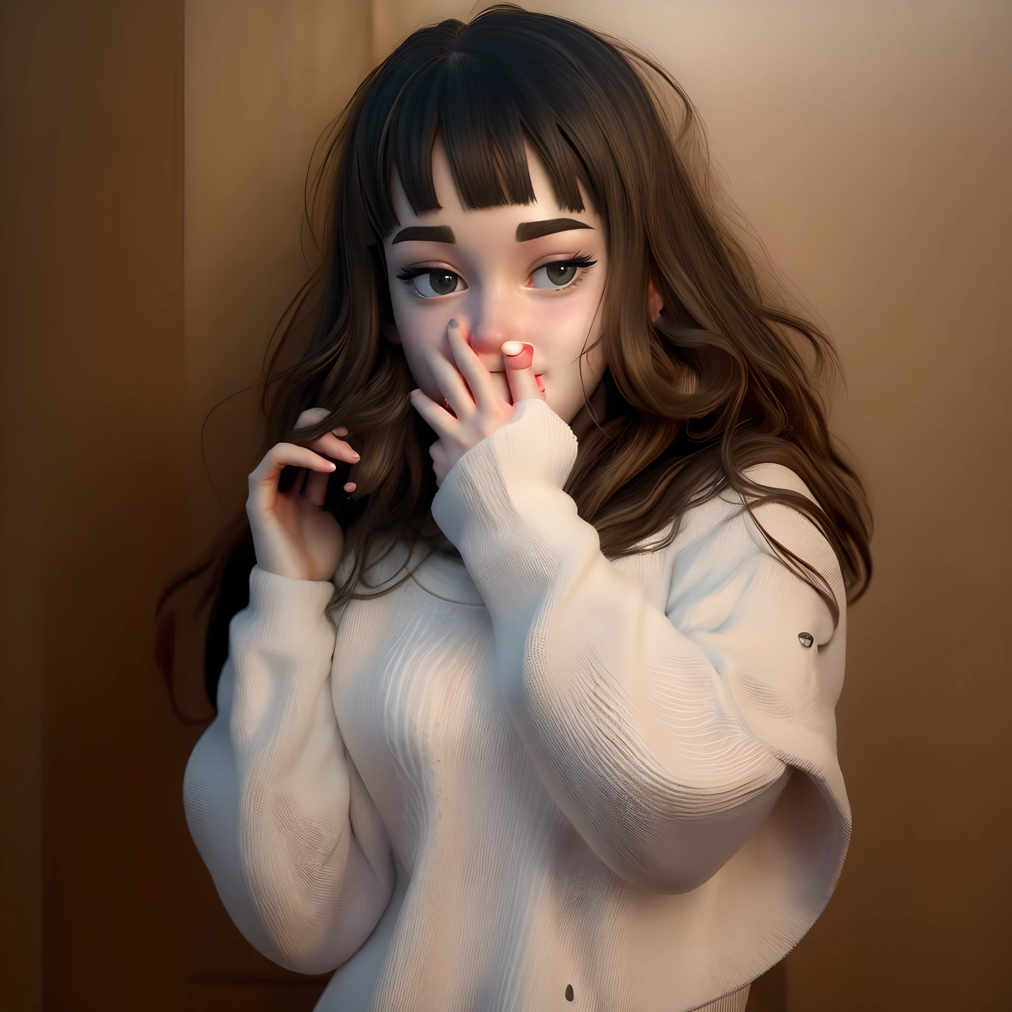Realistic white girl taking selfie while covering her mouth with her hand.