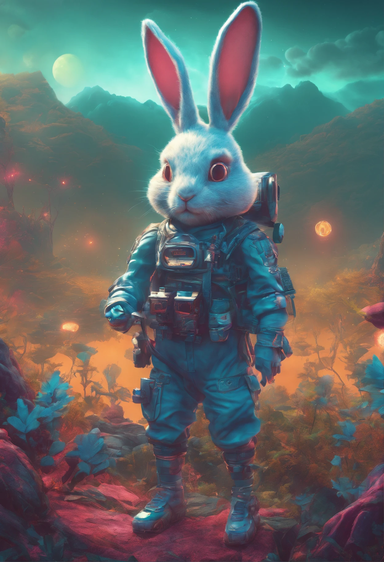 An exploration cartoon rabbit is observing the terrain in the pitch black forest
Background: The magical jungle at night，D RENDERING {{Masterpiece}}, {{Best quality}}, {super detailing}, {{illustration}}}, concept art of character, Game scene graphics, Clear facial features, Close-up photos, Photography, postapocalyptic, Masterpieces, archviz/influencer, Background, corona rendered, Octane rendering, V-rays, High detail texture, Ultra high quality, Super high resolution, Popular on artstation, surrealism, surrealism, k hd, 8K axis shift, Long projection, Split Lighting