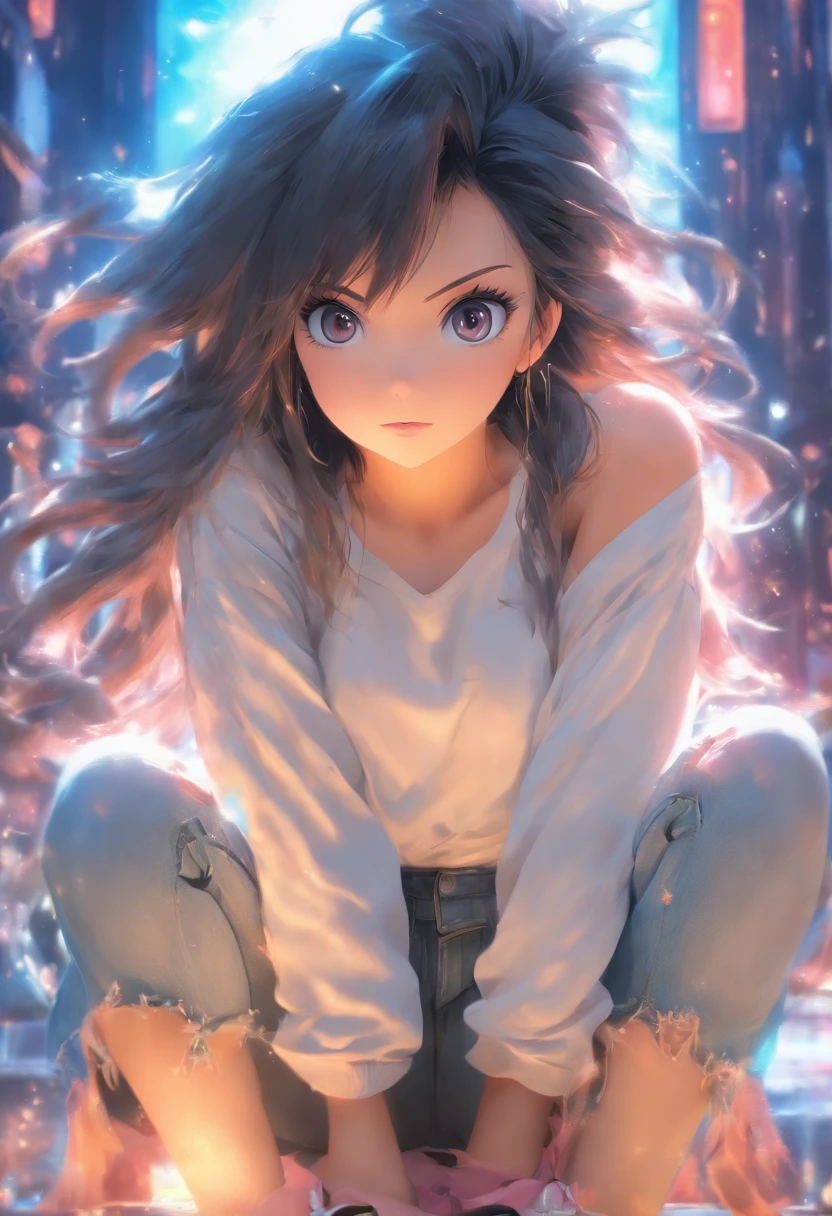 1girll,Solo,Best quality, Masterpiece, 8K,RAW photo, Photo (object), Extremely detailed, primitive,Realistic,Sitting, view the viewer,Jeans,White T-shirt,Long hair,Black hair, sofe,