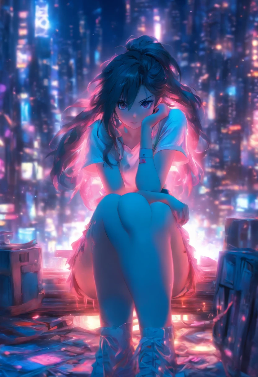 1girll,Solo,Best quality, Masterpiece, 8K,RAW photo, Photo (object), Extremely detailed, primitive,Realistic,Sitting, view the viewer,Jeans,White T-shirt,Long hair,Black hair, sofe,