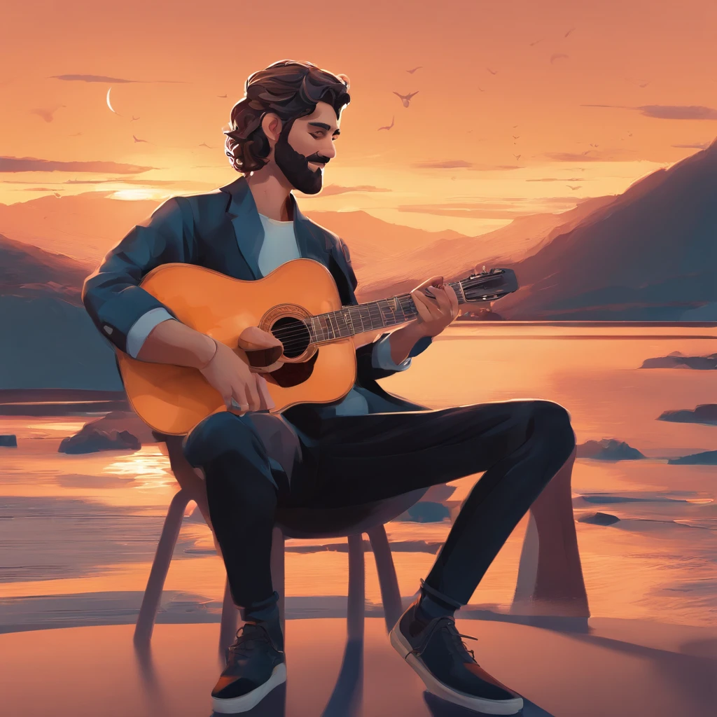  pulando e sorrindo com uma barba pequena cabelo preto cortado bem baixo e na lateral raspado, With a guitar in his hands Disigner graphic scenery, muito microfone e instrumentos a cena..