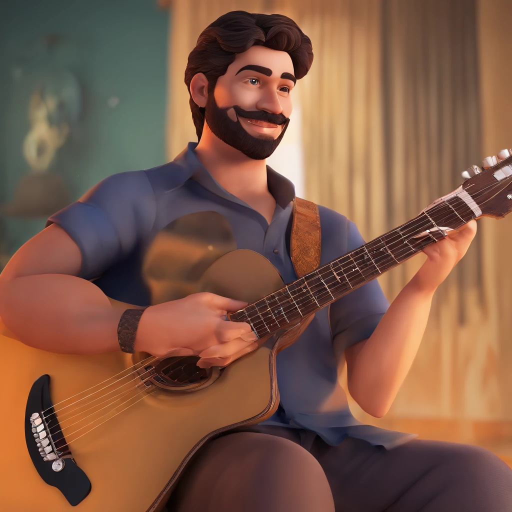 Menino pulando e sorrindo com uma barba pequena cabelo preto cortado bem baixo e na lateral raspado, With a guitar in his hands Disigner graphic scenery, muito microfone e instrumentos a cena..