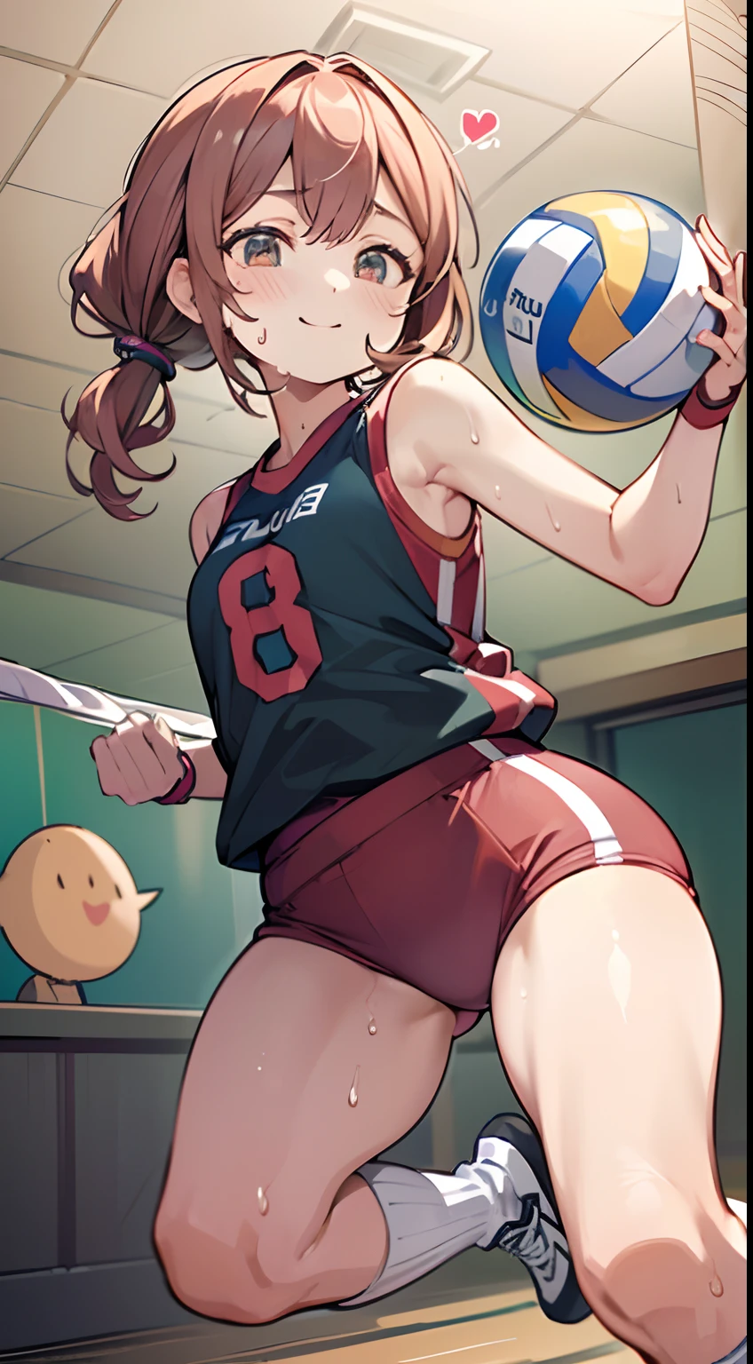 UHD, anatomically correct, 8k, (((masterpiece))), (((best quality))), (((ultra detailed))), (((high-resolution))), ((super fine illustration)), ((Ultimate cutie)), detailed beautiful face, solo, ((gyaru)), potbelly, ((curvy)), shiny hair, happy, smile, (blush),
BREAK, (((buruma))), ((sleeveless gym uniform)), ((wrist bands)), ((kneepad)), (((loose socks))), ((high top sneakers)), buruma, buruma,
BREAK, (((Throwing the Beautiful spherical shape 6-inch volleyball))), ((sweat)), (perspired), (heavy breathing), sense of depth, in gymnasium, lighting, looking at viewers, (spoken heart)
