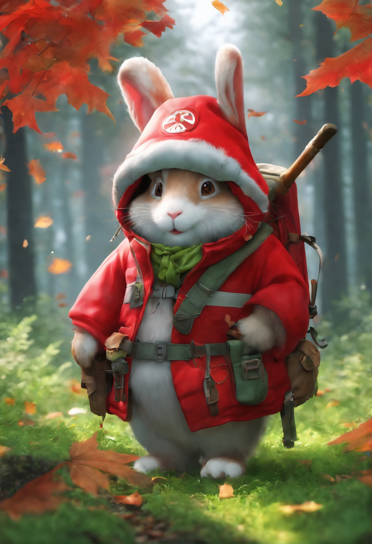 (Photograph of an adventurous little white rabbit sister standing on an autumn foliage path), ，full bodyesbian，（posterior view：1.1），（Bring trekking poles），hairy, Clear and beautiful face, Transparent white paws，(Big green bright eyes), ( Binoculars hanging from her chest) ,(Wearing a green fashion adventure suit, Green fashion adventure pants)，(Red hiking boots on his feet),, (cute ears), (Red and green camping hats), (fashionable sunglasses), (Carry a green shoulder bag with you, trowels, camping equipment, A compass associated with many adventure tools,)
Curious to explore expressions, Cartoon, 4D, Fox,Cartoony，（Anthropomorphic cartoon characters） ，
Background: Autumn Leaf Forest Trail Red Forest, autumn forest, red illuminating fog, In a red dream, really beautiful forest, Beautiful forest, Beautiful hazy wood, Red shade spray, Breathable and beautiful trees, breath-taking beautiful trees, red fog, beautiful forests and trees, Bright but dark red, red trees,
a 3D render，concept art of character,Photography,Clear facial features,A beautiful painting by Alphonse Mucha,Pixar style,Cartoon style,beatrix potter （beatrix potter） 's illustration,The work of Furuhiko,Masterpiece,Matte painting,dreamlike realism,magic realism,Dreamlike,author：Owen Blumenfeld,petra collins,author：natalia drepina,Dreamy atmosphere,Whimsical atmosphere,Ethereal atmosphere,Romantic atmosphere,illusory engine,Quixel Megascans Render,v-ray,UE5,High detail,hyper qualit,high resolution,trending on artstationh,8K16K,hyper photorealism,Faraway view， (degrees of freedom),cinema shot,Beautiful lighting, --AR 9:16 --style raw --uplight