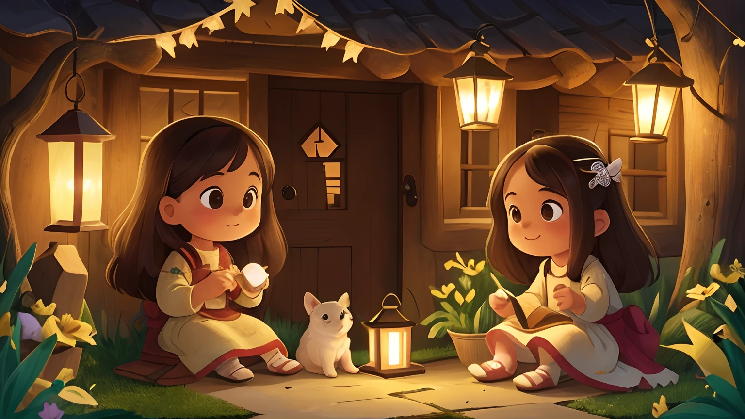 In the background, a dimly lit village is in the background，The foreground is a small courtyard-style cabin，A  girl with long hair in a long-sleeved national costume sits on the threshold of a wooden house（Littleholding embroidery in her hand），Two lanterns hung from the wooden house，In the small courtyard, five pairs of embroidered works are hung, and the light of the lantern presents a soft glow，There was also a puppy sitting at the little girl'（The puppy stuck out its tongue，Sit quietly at the feet of the little girl），The ffeatures are cute and delicate， (Best quality, 4K, A high resolution), Ultra-detailed, (Realistic:1.37), sportrait, Vivid colors, Natural lighting.