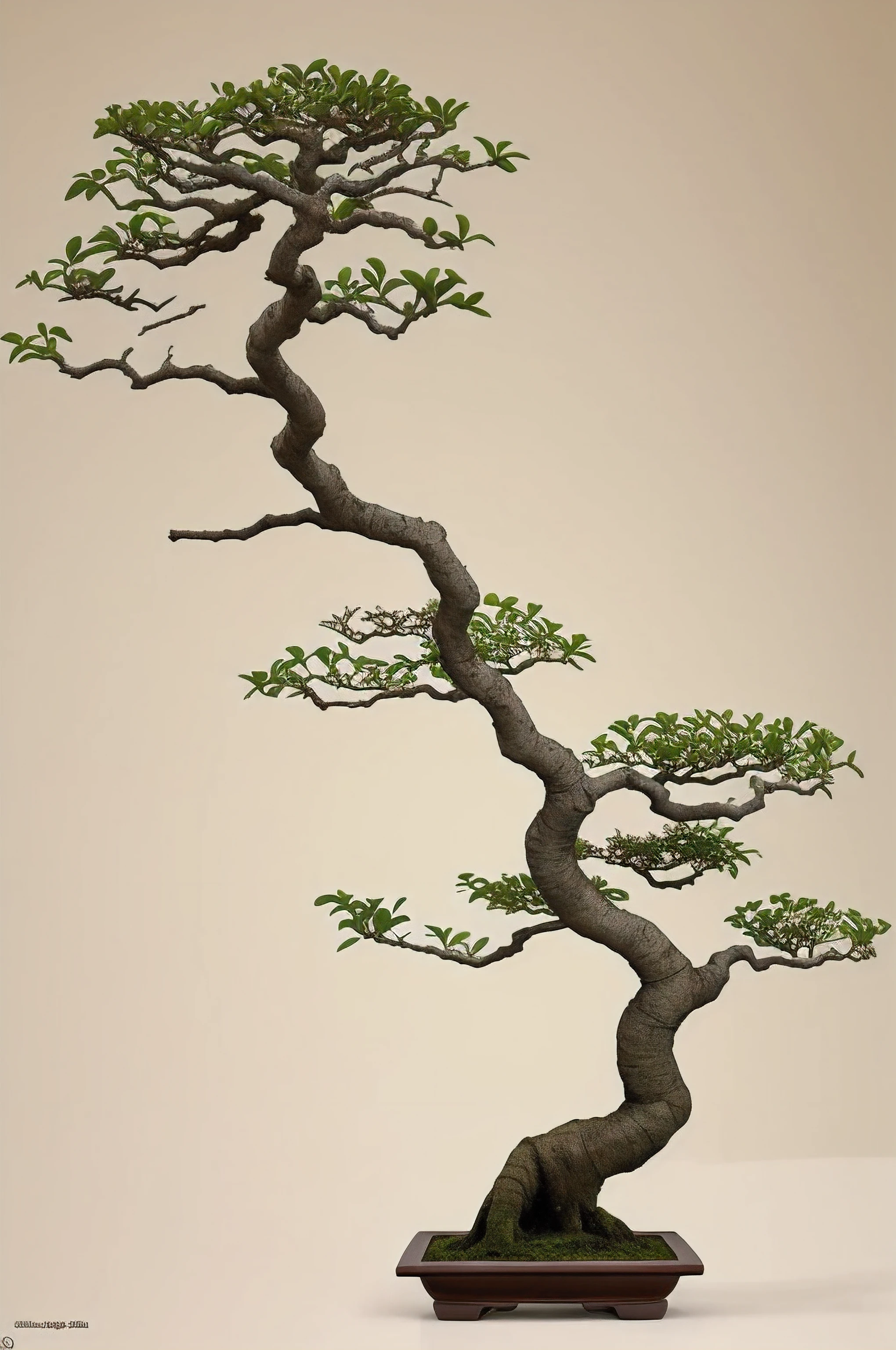 bonsai on a gnarled branch against a grey background, simple background, in the style of light orange and light beige, minimalist images, photography installations, paleocore, green and crimson, hyper-realistic, poetic intimacy