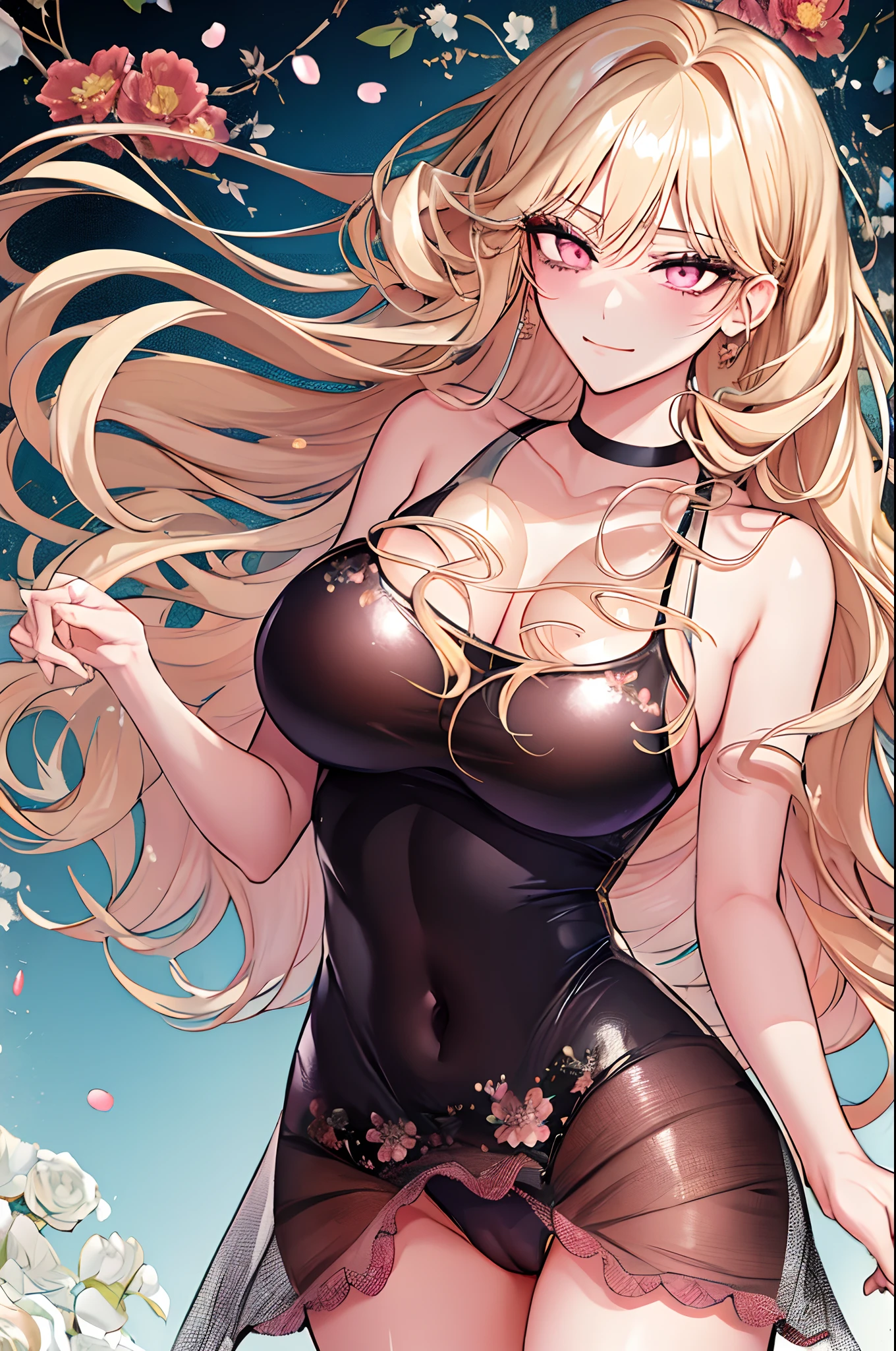 (shoujo-style), (romance manhwa), ((floral background)), kuroume_1024, 1girl, solo, masterpiece, best quality, detailed face, face focus, smile, closed mouth, long eyelashes, mascara, very long hair, platinum-blonde hair, drill hair, looking at viewer, (Wearing competitive swimsuit), (one-piece swimsuit), skumizu, (shiny glossy skin:1.2), pussy squirt, cameltoe, (flat drawing:-0.4), detailed eyes, pupil, huge breast, cleavage