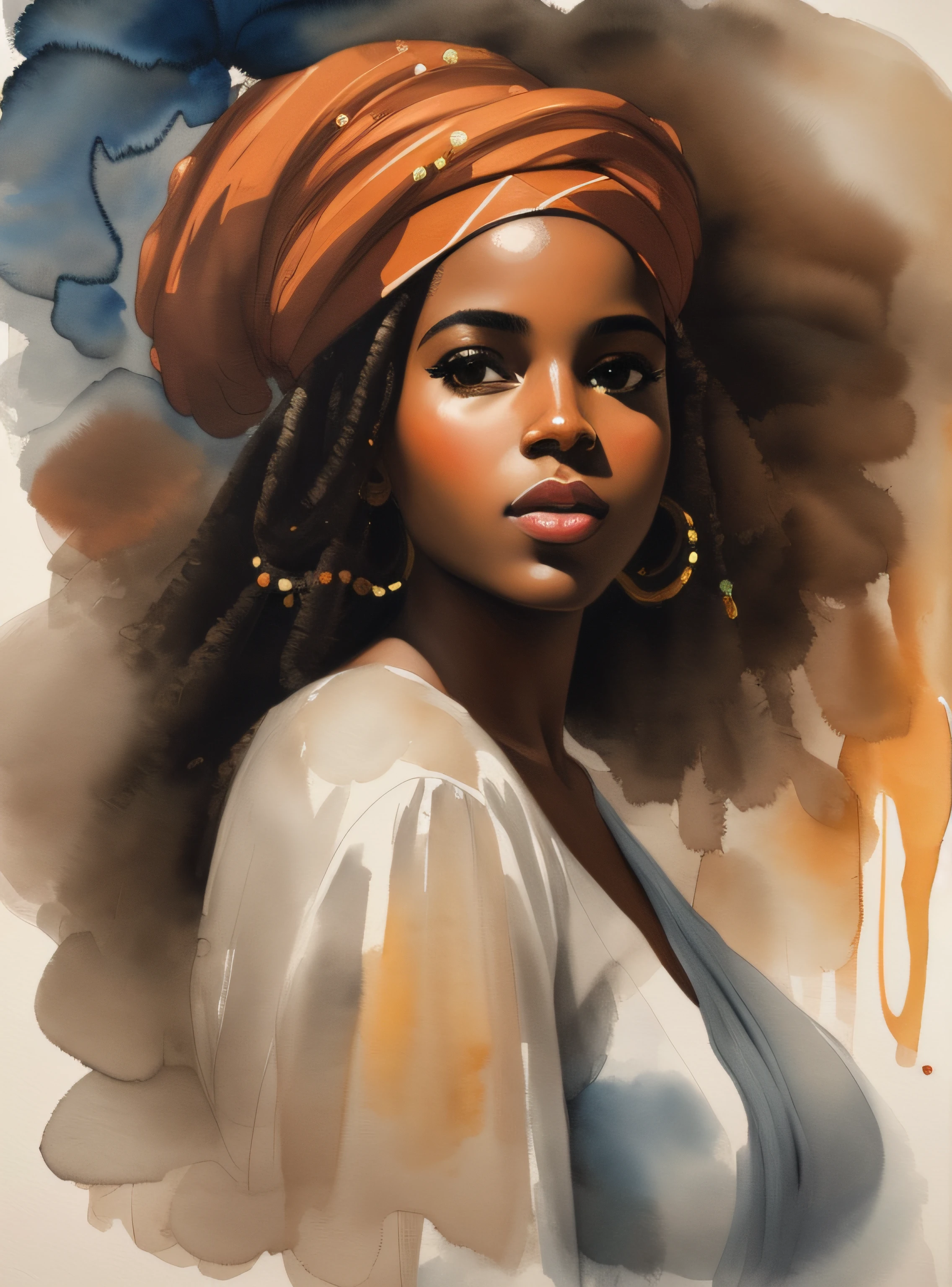 Painting of a woman with a turban on her head, retrato impressionante, beautiful portrait, mulher africana, obras de arte impressionantes, beautiful artwork, arte linda, arte bonita, mulher linda, retrato muito bonito, pintura de personagem bonita, lindo retrato, retrato bonito expressivo, arte deslumbrante, retrato bonito de uma mulher, Directed by: Chinwe Chukwuogo-Roy, Aquarela intensa