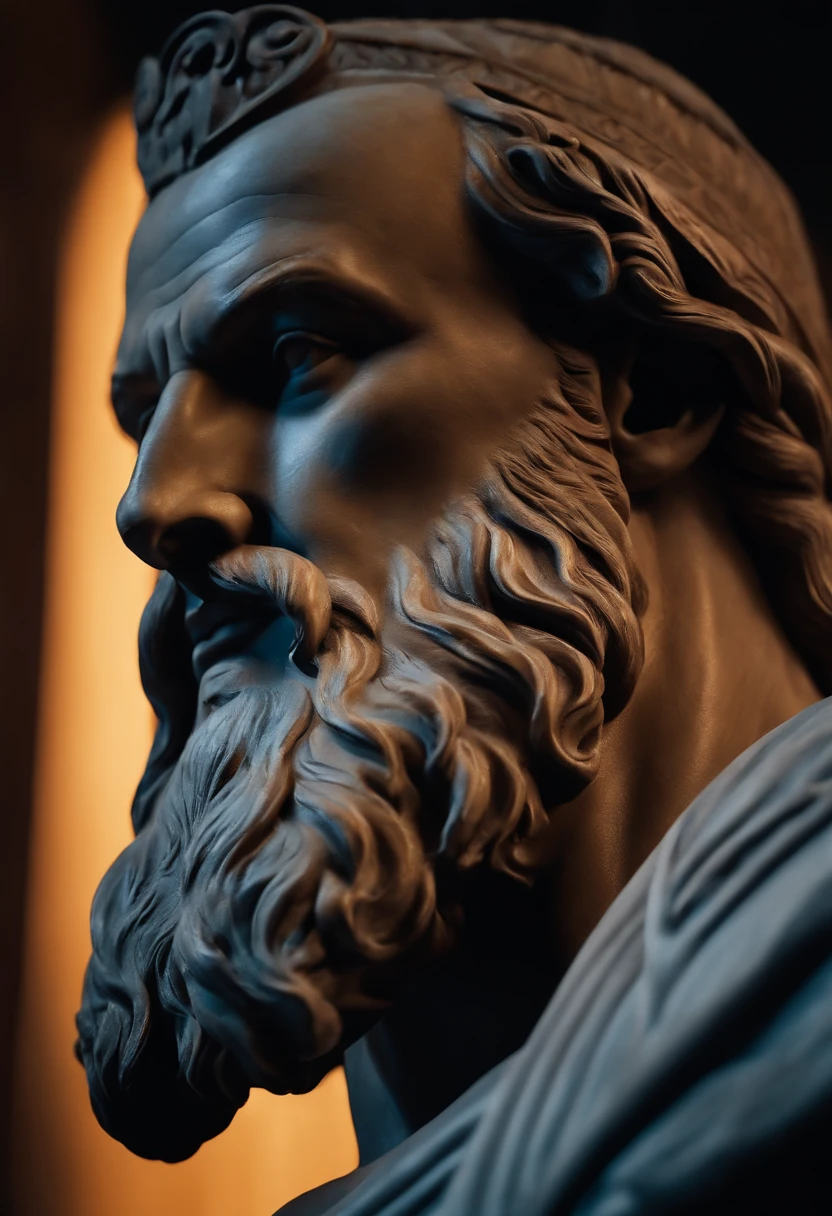 statue of a Greek philosopher, very detailed face, large beard, muscular body, dark background, 8k, ultra realistic