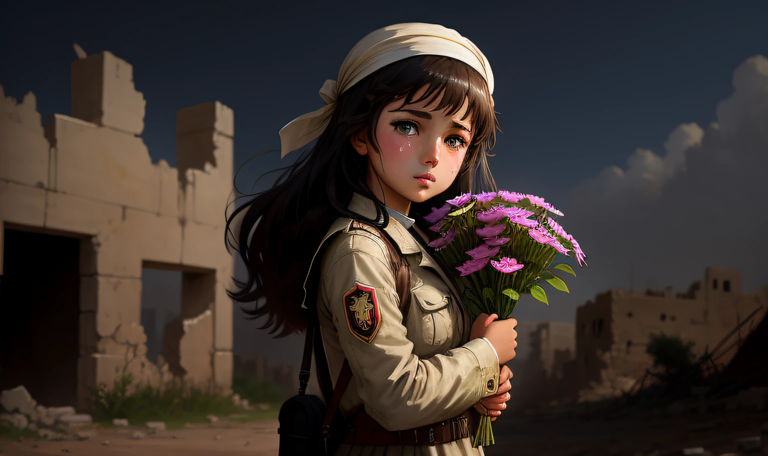 Anime girl holding flowers in front of the ruins, Guviz-style artwork, author:Altun Sultan, lovely digital painting, Guviz, soldier girl, Beautiful digital artwork, wojtek fus, author:Mahmoud Fashkian, guweiz masterpiece, inspired by Wadim Kashin, author:Nabil Canso, stunning art style,Brutal war,Remains Cliff,Cute girl in the ruins of Palestine,Flowers in hand,There are stains on the face,Close your eyes and cry,A broken world