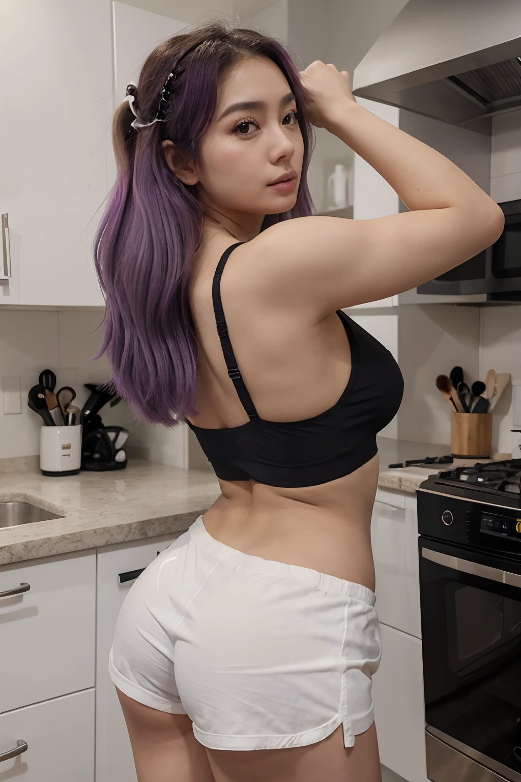 araffe in a black bra top and white shorts in a kitchen, korean girl, gorgeous young korean woman, back pose, in shorts, cottagecore!! fitness body, toned derriere, thicc, side pose, beautiful south korean woman, booty shorts, 2 4 year old female model, sexy girl wearing shorts, korean woman, lit from behind, heavy makeup, hair ties, slightly open mouth, big eyes, glossy, very pretty face, slender waist, sex pack, light purple hair
