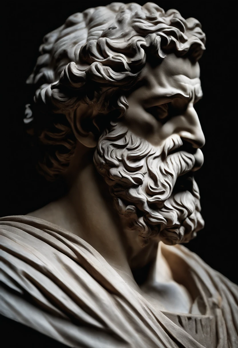 Stoic Gricki Stock That Is Greek Historical Status With Hercules Profile Muscles Cinematic 8k And Dark Background Covering Mouth In Silence