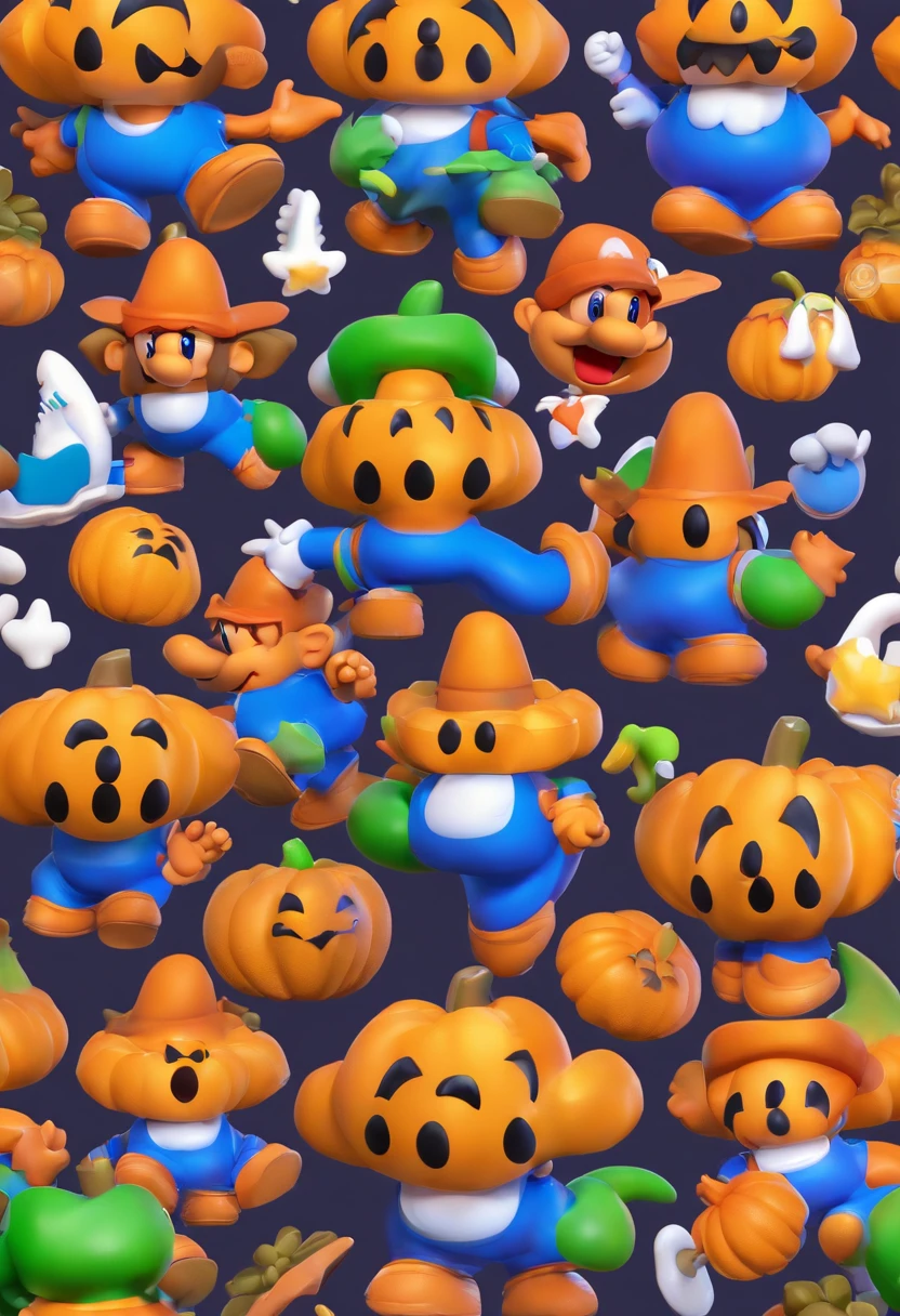 (Mario), design de personagens, cachorrinha pequena, No all-black defined race, (olhos pretos, dentes caninos a mostra, parecendo vampira, Pumpkin Dress Up for Halloween )super bonita estilo caixa cega, Chibi, corpo inteiro, exaggerated expressions and actions, fundo limpo, Destaques iridescentes brilhantes, studio lighting, Atmospheric Illumination, com textura requintada, High detail, high resolution, c4d, ..3d, Liquidificador, 8k, best quality, Ultra High Definition