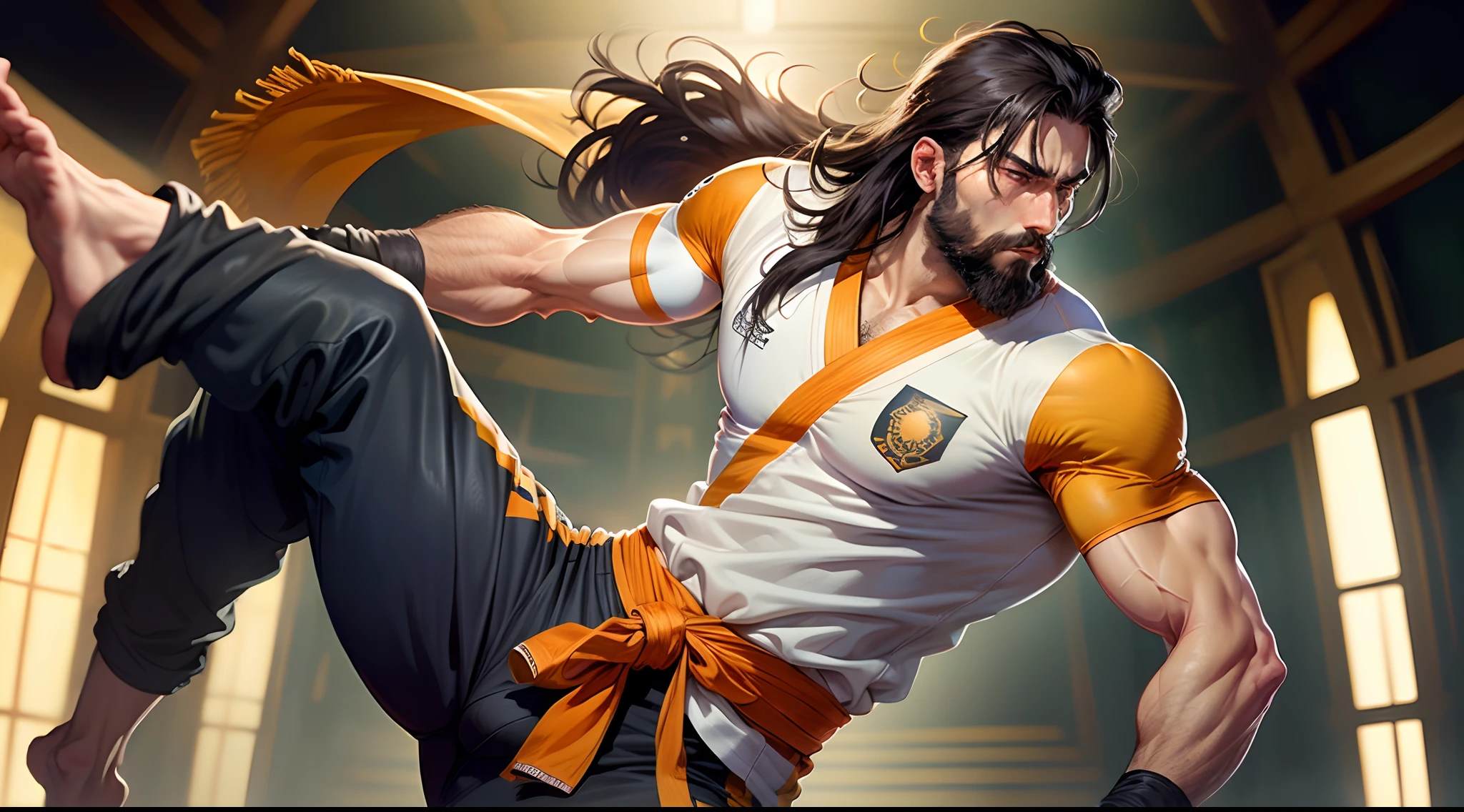 criar um personagem masculino, alto, forte, with black hair and beard in judo outfit with an orange sash around the waist Japanese cartoon style