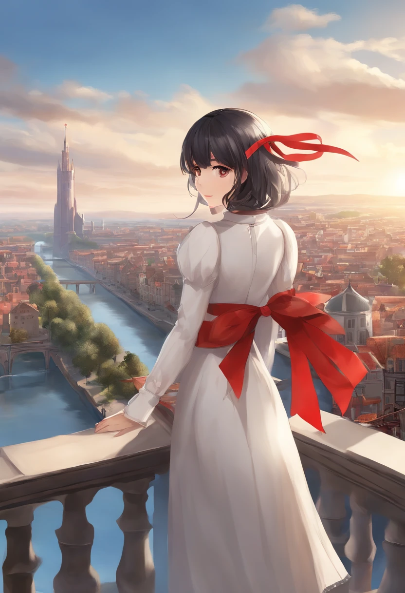 (masterpiece,newest,exceptional:1.2), anime,1girl,bangs,black_hair, beautiful 8k eyes,blue_sky,bridge,building,castle,city,cityscape,cloud,day,dress,looking_at_viewer,outdoors,red_neckwear,red_ribbon,ribbon,river,short_hair,short_sleeves,sky,skyscraper,solo,standing,town,water