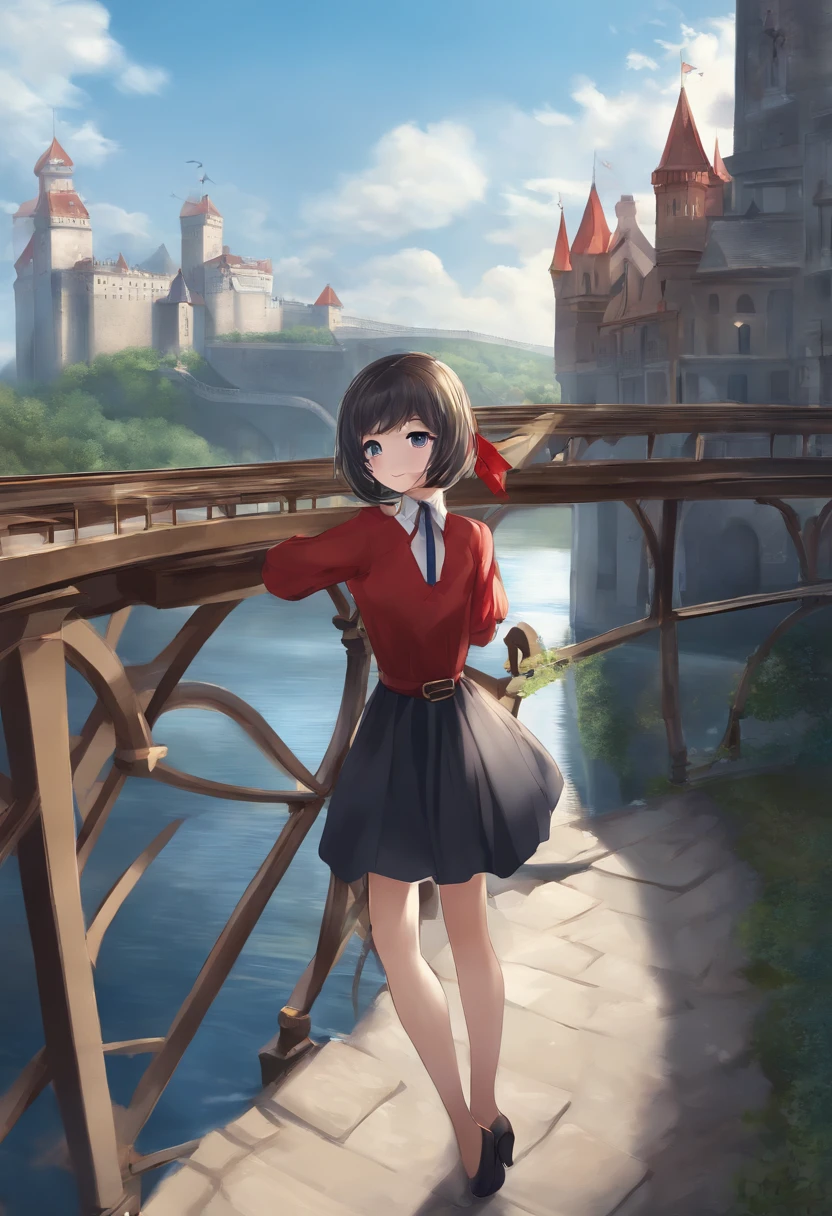 (masterpiece,newest,exceptional:1.2), anime,1girl,bangs,black_hair, beautiful 8k eyes,blue_sky,bridge,building,castle,city,cityscape,cloud,day,dress,looking_at_viewer,outdoors,red_neckwear,red_ribbon,ribbon,river,short_hair,short_sleeves,sky,skyscraper,solo,standing,town,water