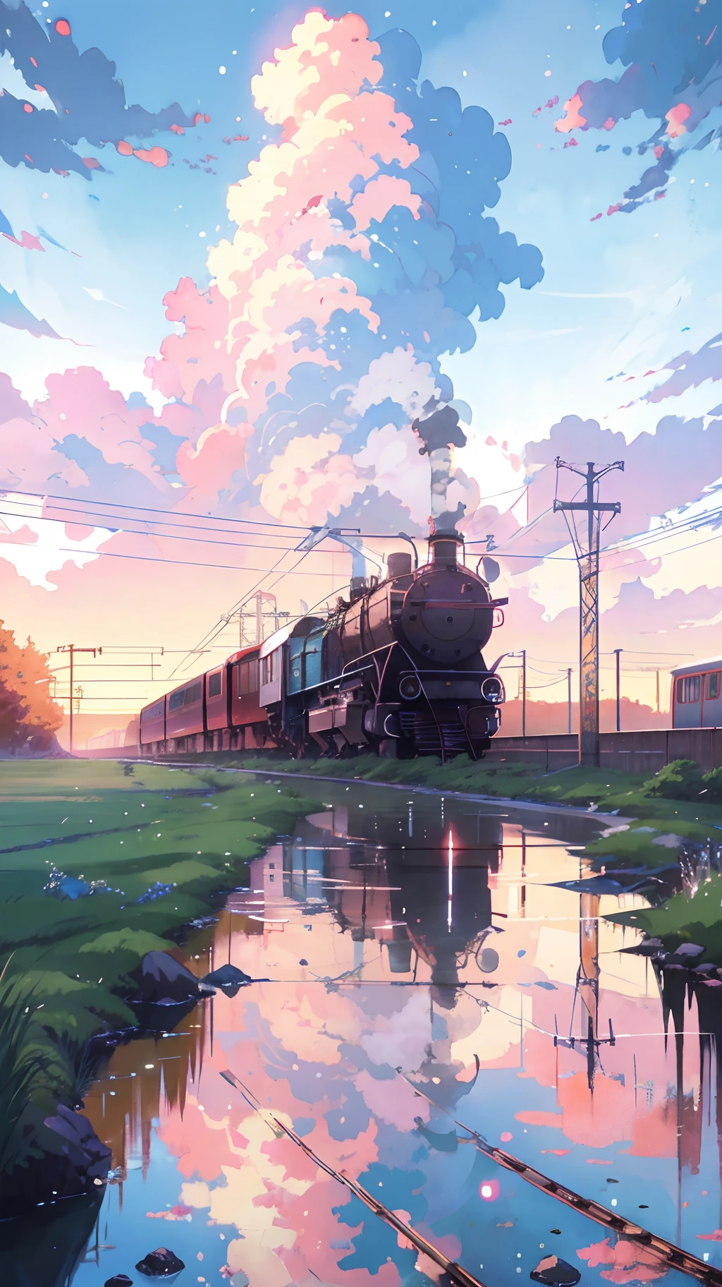 Anime train on tracks through body of water, image by Makoto Shinkai, pixiv, concept art, lofi art style, reflection. Enhanced detail, perfect picture quality. by makoto shinkai, lofi art, beautiful anime scenes, anime scenery, detailed scenery—width 672, in style of makoto shinkai, style of makoto shinkai