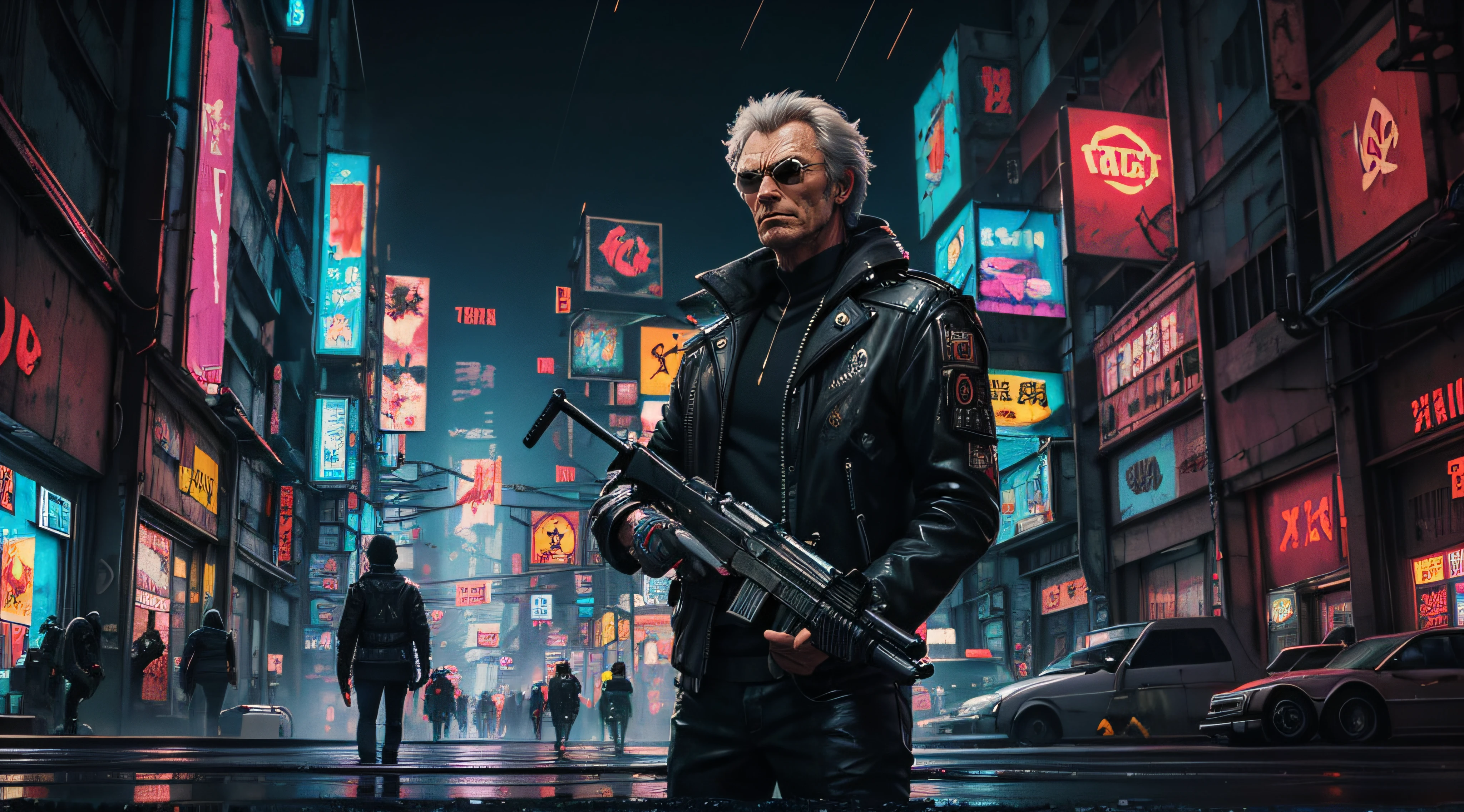 (masterpiece:1.1), (highest quality:1.1), (HDR:1.0), extreme quality, cg, (anime wallpaper), stylized, detailed face+eyes, (colorful), (powerful colors:1.4), clint eastwood as dirty harry in a (cyberpunk setting:1.6) at night, aiming black .44 caliber magnum revolver, outside, heavy rain
Negative prompt: cowboy, leather, glasses, flashlight, text, watermark, signature, initials, monogram, screenshot, software
Steps: 30, Size: 800x1280, Seed: 3804614354, Model: realcartoonXL_v4, Version: v1.6.0, Sampler: Euler, CFG scale: 5, Clip skip: 2, Model hash: 89075fb560