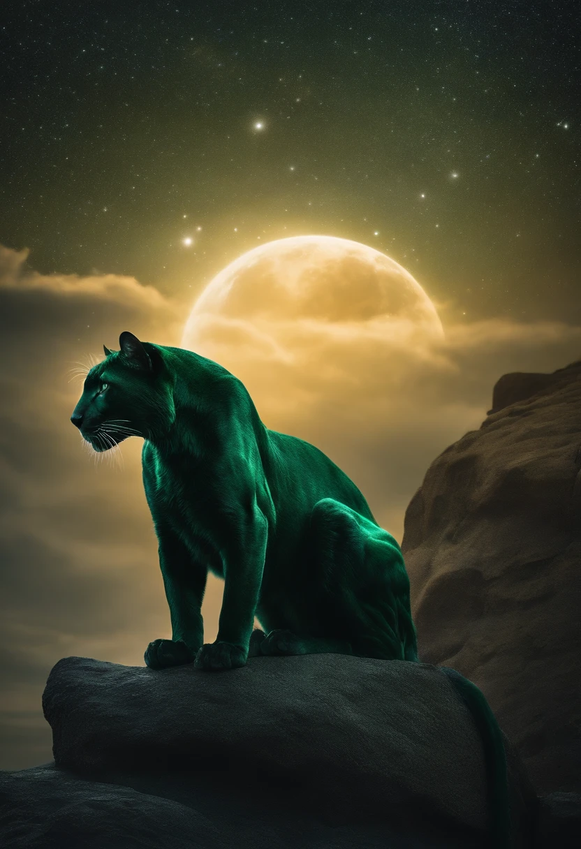 A green Panther is in sea of star, their cloak rippling in the wind as they gaze up at the night sky.