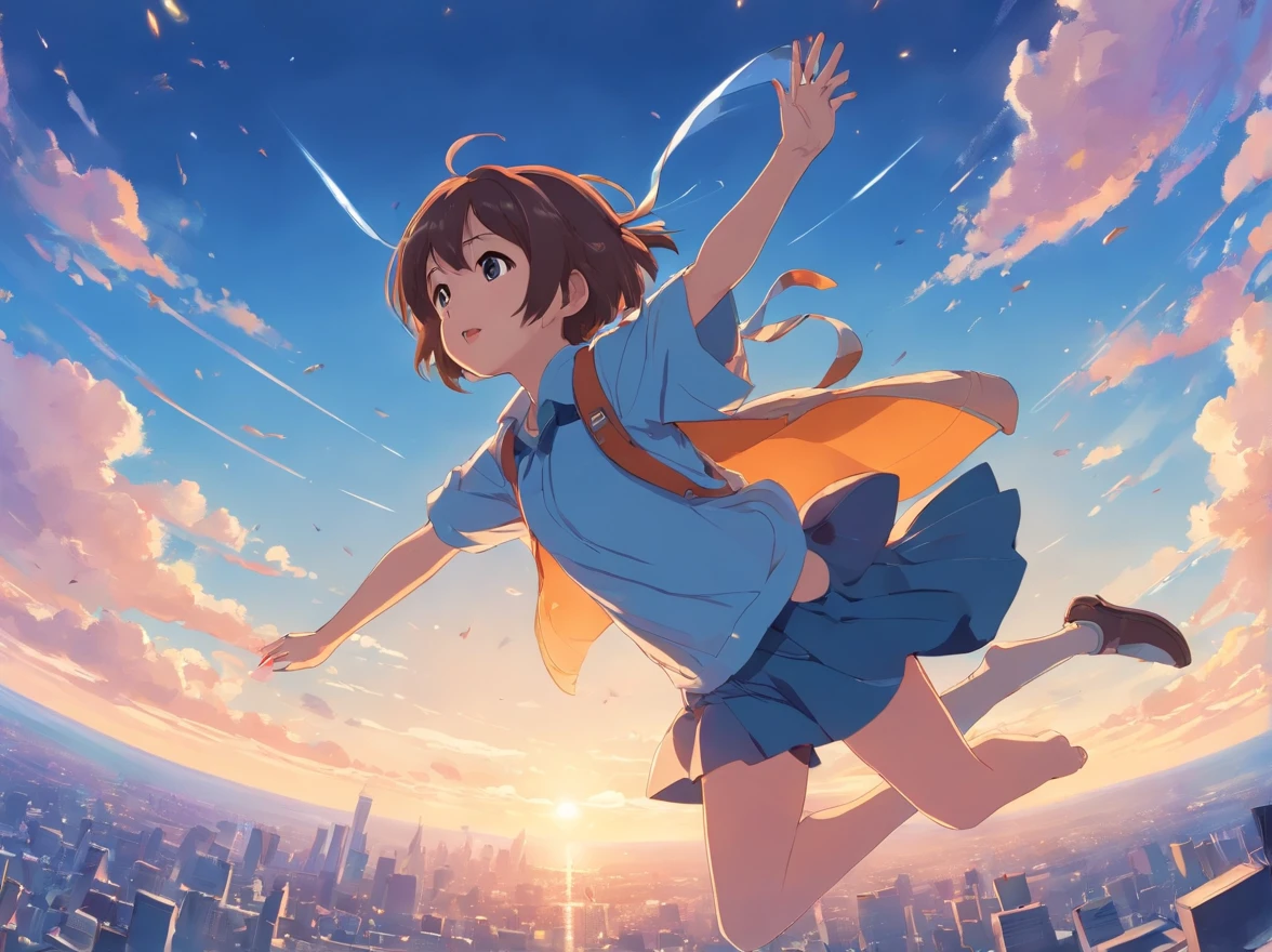 a poster,There was a man running with a megaphone, cover illustration, Simple and clean illustration,tmasterpiece,best qualtiy,cinematic Film still from,1girl,Cloud Girl,Floating in the sky,closeup cleavage,brightly,cheerfulness,Warm and soft lighting,the sunset,(spark of light:0.7)