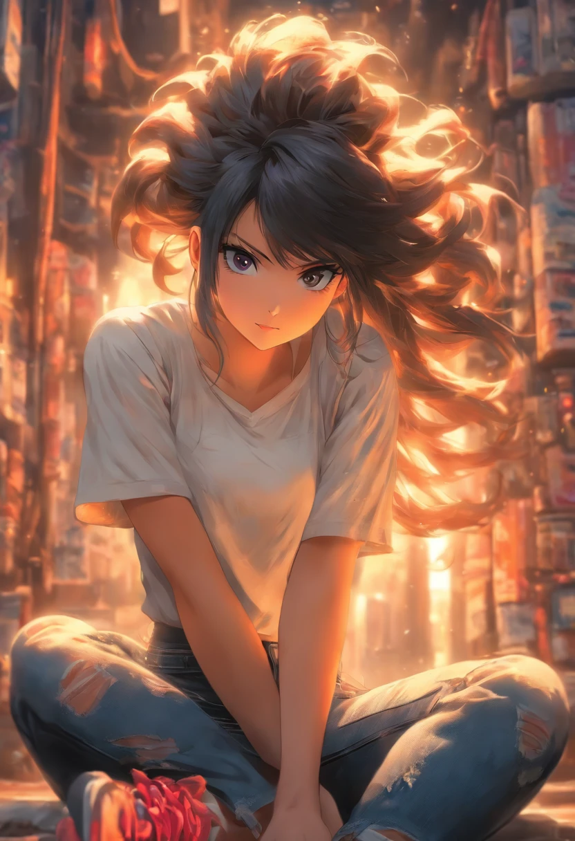 1girll,Solo,Best quality, Masterpiece, 8K,RAW photo, Photo (object), Extremely detailed, primitive,Realistic,Sitting, view the viewer,Jeans,White T-shirt,Long hair,Black hair, sofe,