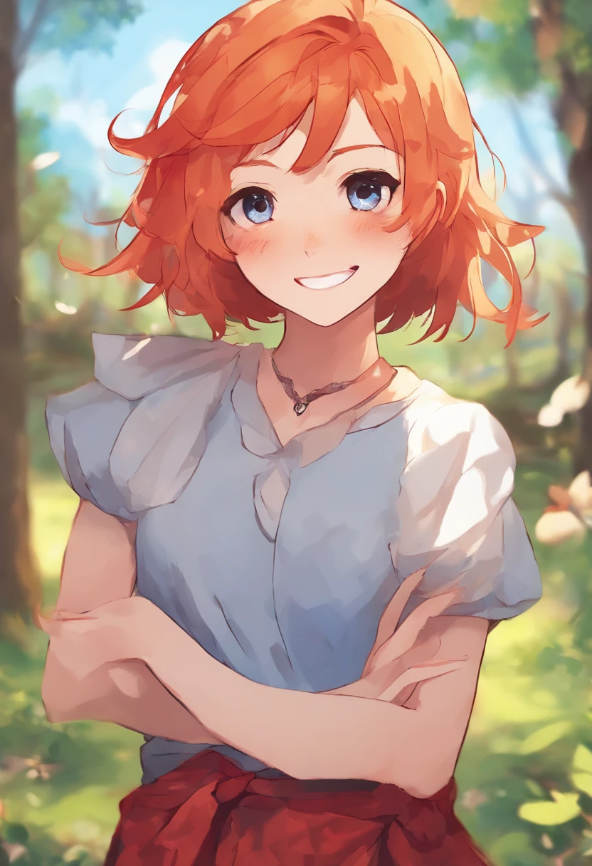 l girl, short orange hair, red eyes, confident smile, red t-shirt with white dots, blue shorts, black fingerless gloves, blue background