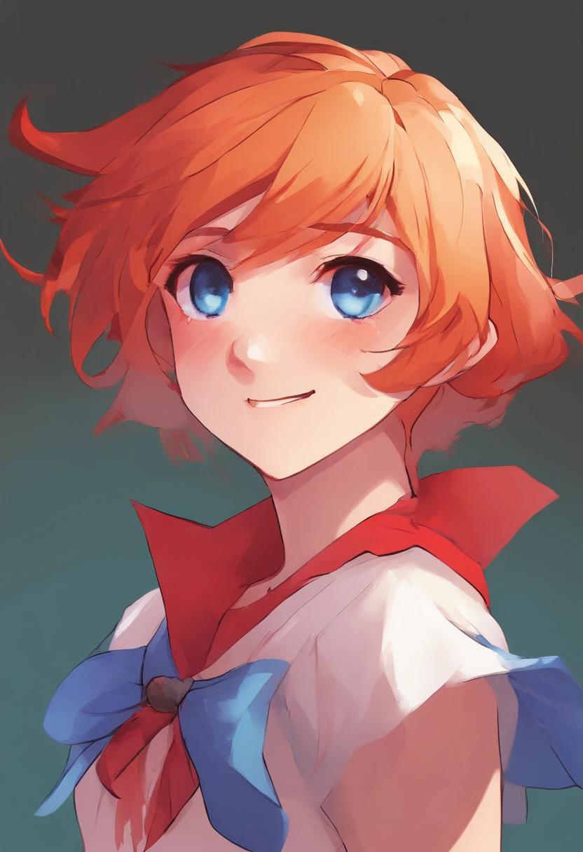 l girl, short orange hair, red eyes, confident smile, red t-shirt with white dots, blue shorts, black fingerless gloves, blue background