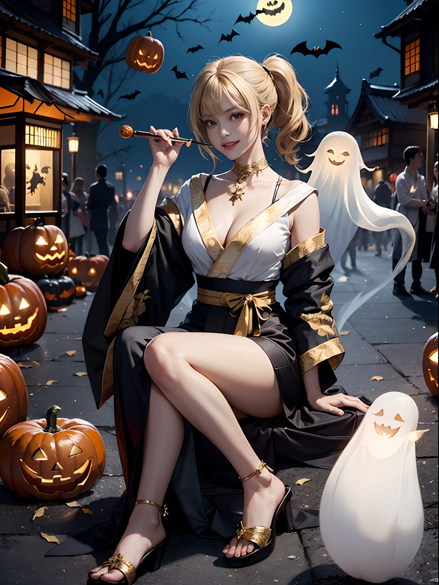 (rokoko:1.5),Background of details(halloween night:1.5)(fullmoon:1.2)(Station Square at Night(Crowds):1.5)((squash,ghost):1.5),BREAK ,elaborate costume(Luxury kimono(Black kimono(detailed embroidery(blanche,golds)))),BREAK,(1 Beautiful and classy adult woman(Shy smile(tusk):1.2)(Japanese actressl:1.2)(Shiny blonde hair(poneyTail:1.2))),(eye glass(four corners:1.2)),(Have candy:1.2),BREAK,Wallpapers 16K,Blur the background,)(masutepiece,Best Quality,Portrait photos):1.5),full body Esbian