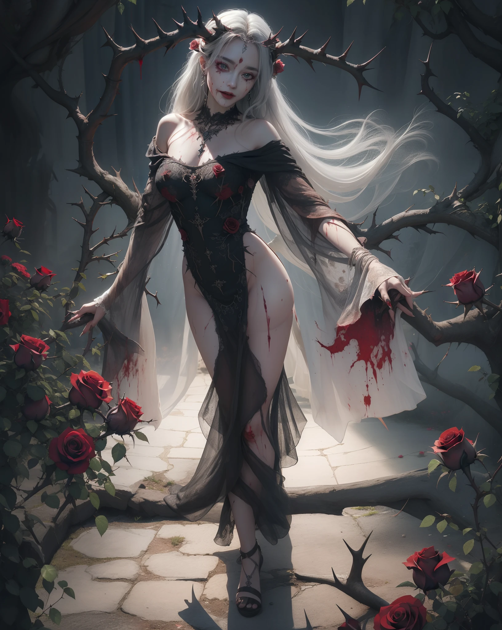 masterpiece, best quality, high quality, extremely detailed CG unity 8k wallpaper, portrait of a pagan goddess, antichrist, doomsday, holy, award winning photography, Photorealistic,extremely detailed, trending on artstation, trending on CGsociety, Intricate, High Detail, dramatic, art by midjourney, blood on face, evil smile, horror art, dread, (blood:1.2), (roses and thorn background:1.3)