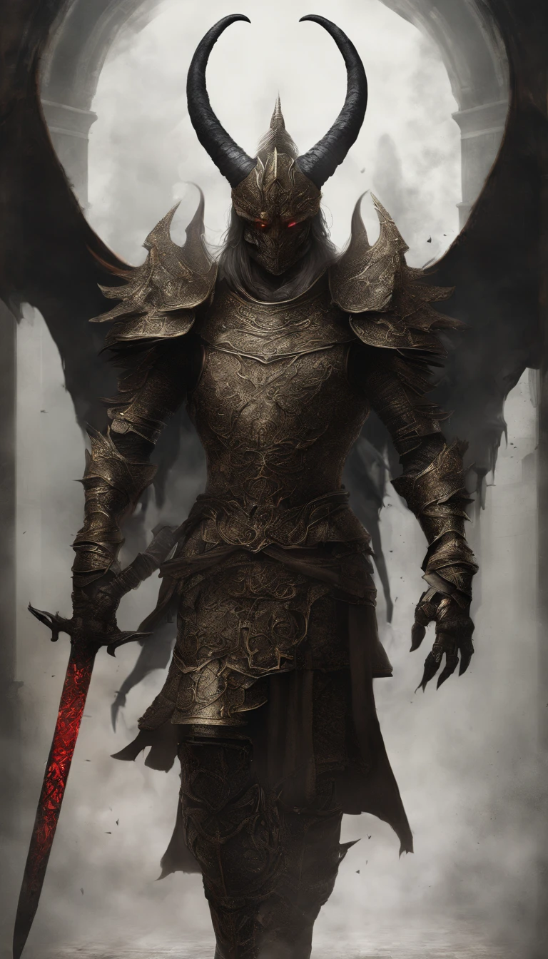 warrior, concept-art, author：Kishiganku, Fantasy art, Zen temple background, clean render, a horned, Wear a suit of armor, Detailed bushido form smoke, helmet of a forgotten deity, character is standing, 8k Realistic, in game render, detailed face background detail, Art station front page, taur, Pseudo-medieval fantasy, A deity wearing koi armor, detailed bronze armor, Bronze armor, golden etched armor, gold obsidian armor, Light gold armor, Gorgeous filigree armor, A demonic warrior, Gorgeous armor full of thorns, Intricate assasin armor, Intricate metal armor, powerful warrior, Dressed in gorgeous gold armor，Decorated with intricate patterns, The helmet has a large crown and two horns,Glowing red eyes， Everything is in the dark, The smoky background hints at the battle scene, Add an ominous aura to his character，The Demon's Giant Demon Wings，submission, Full body shot.